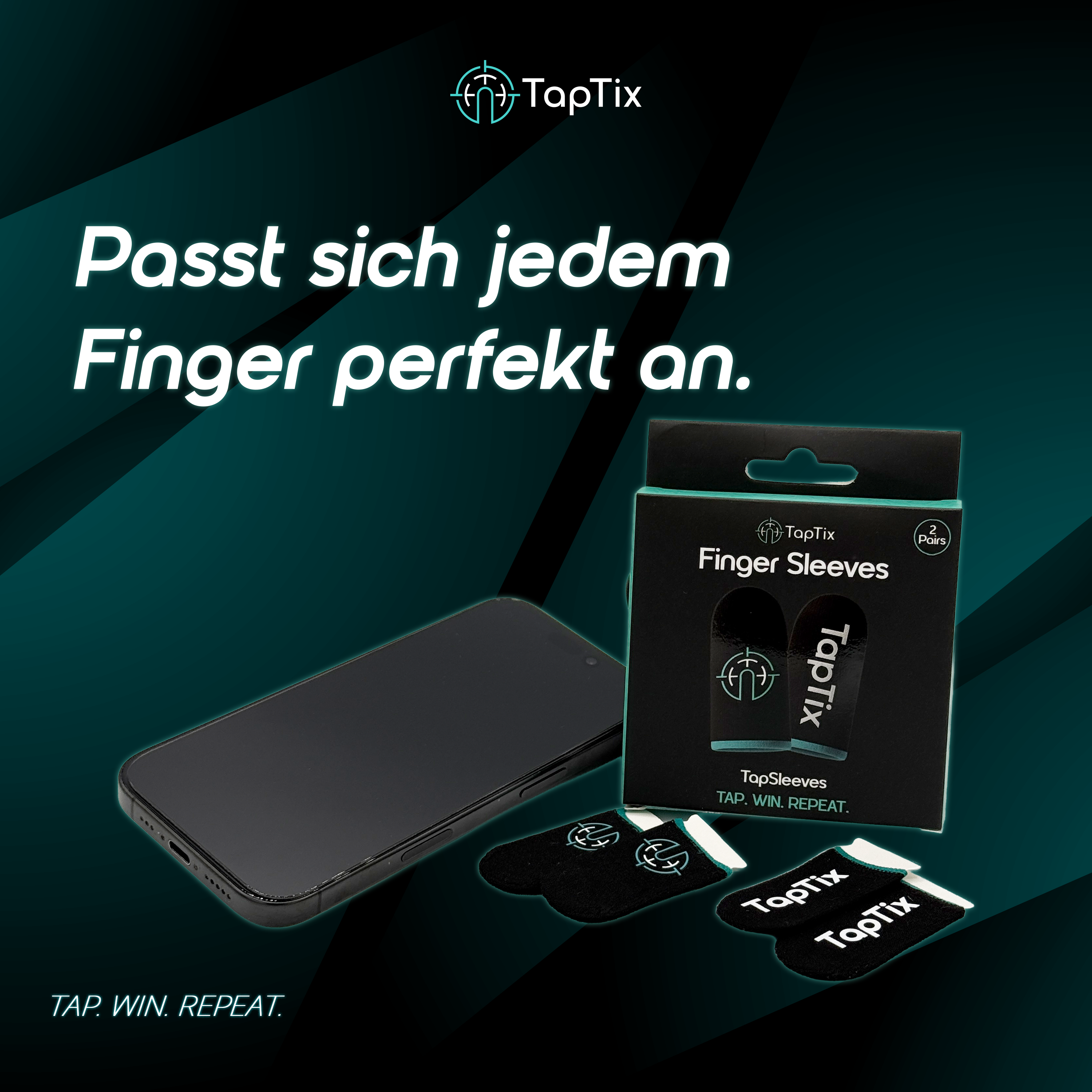 TapTix Fingerhülsen-Verpackung mit Smartphone und zwei Paar schwarzen Gaming-Hülsen auf dunklem Hintergrund.