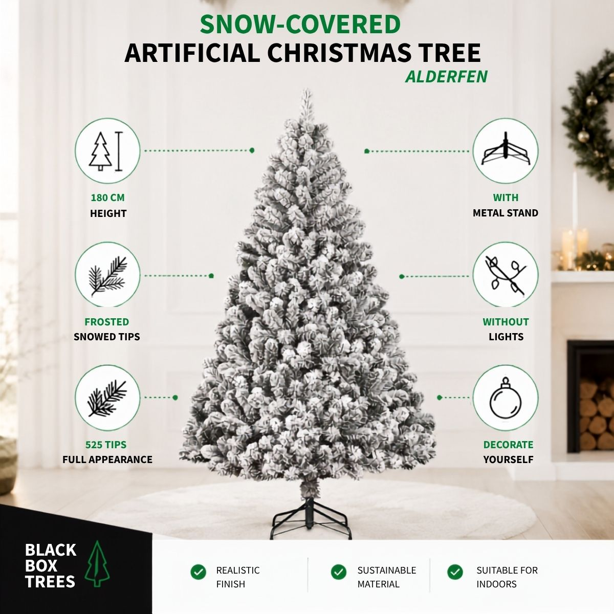 Snow-covered artificial Christmas tree, 180 cm tall, with metal stand, frosted snowed tips, and 525 tips.