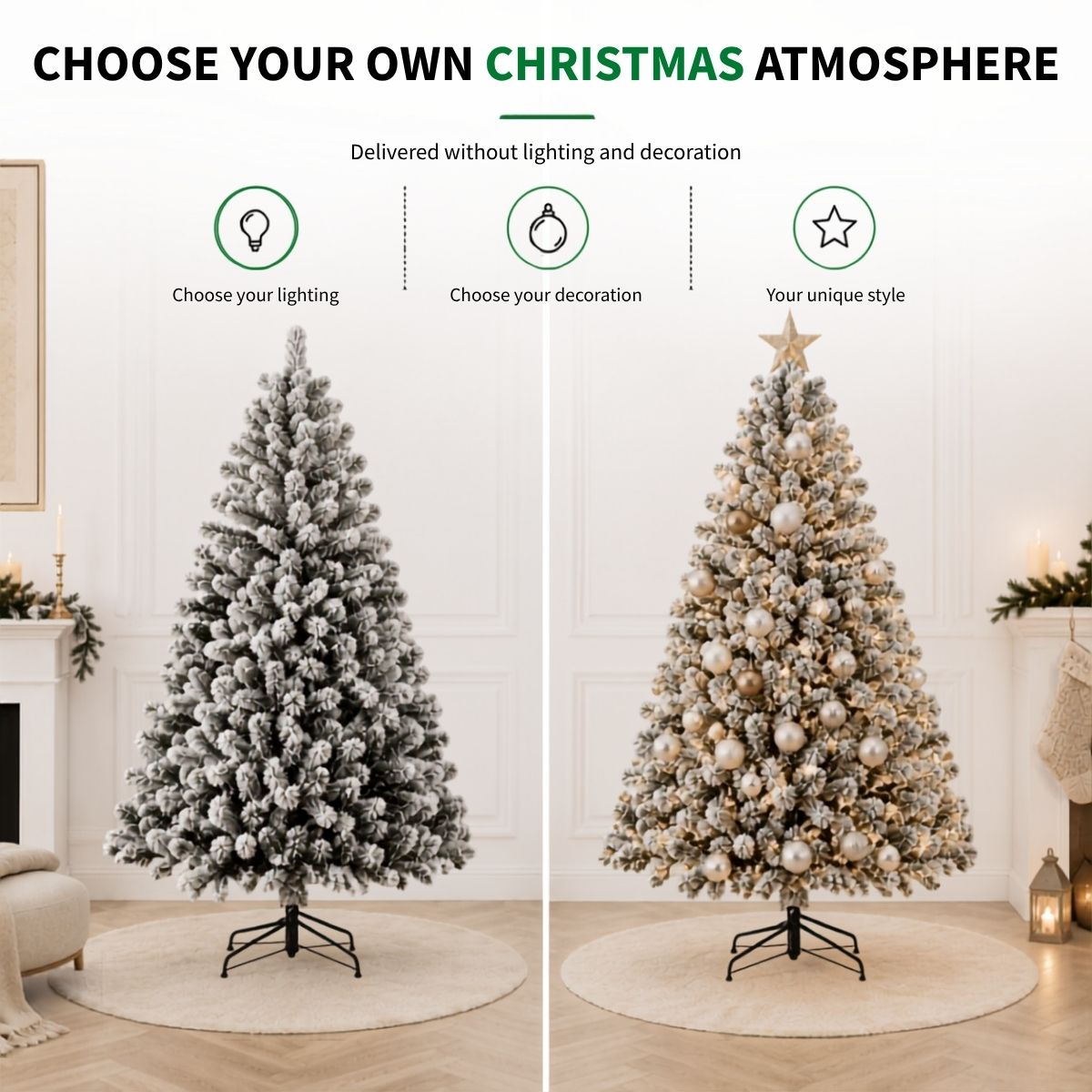 Comparison of two snowy artificial Christmas trees, one undecorated and the other decorated.