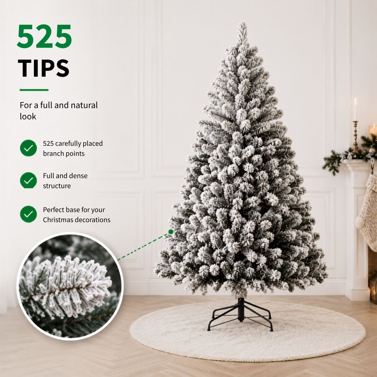 A snowy artificial Christmas tree stands on a round white rug with green text promoting its 525 tips.