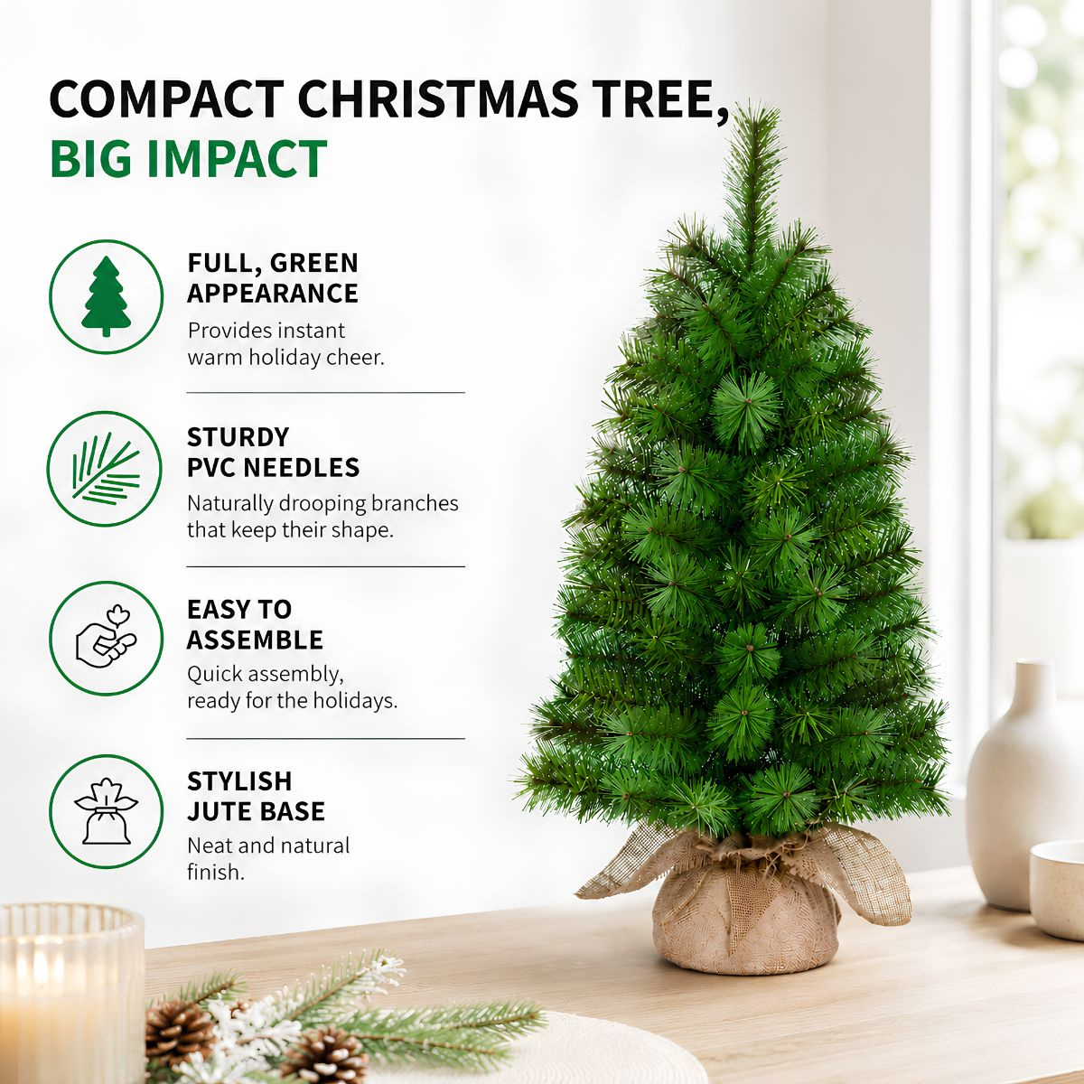 Compact artificial Christmas tree in burlap sack on a wooden table with text.