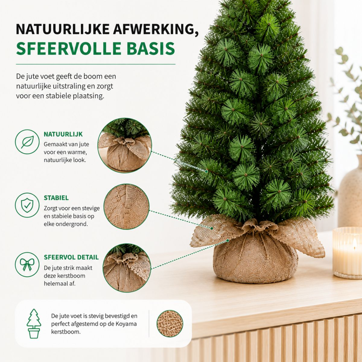 Artificial Christmas tree in a burlap sack with Dutch infographics.