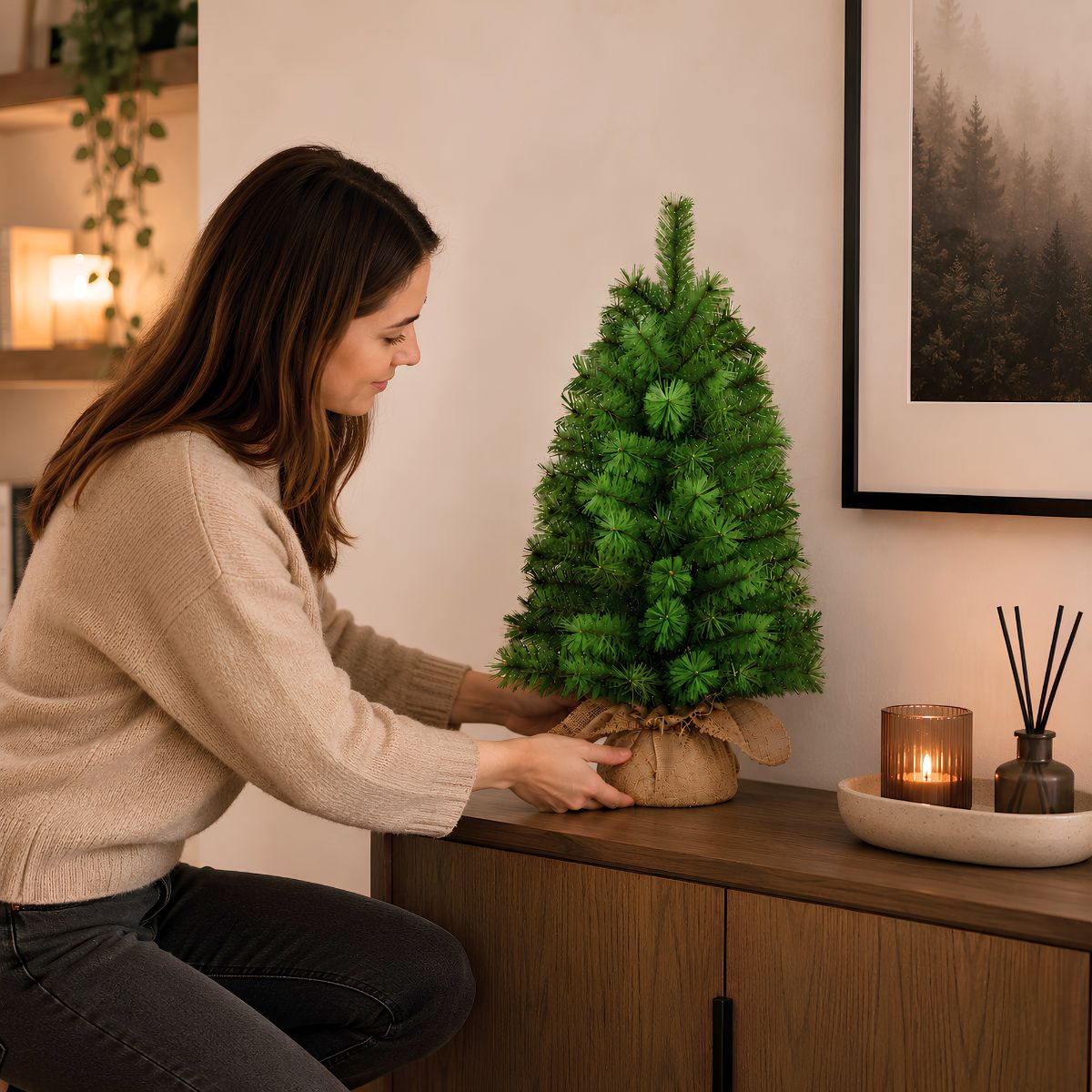A woman in a beige sweater sets a small artificial Christmas tree on a wooden cabinet.