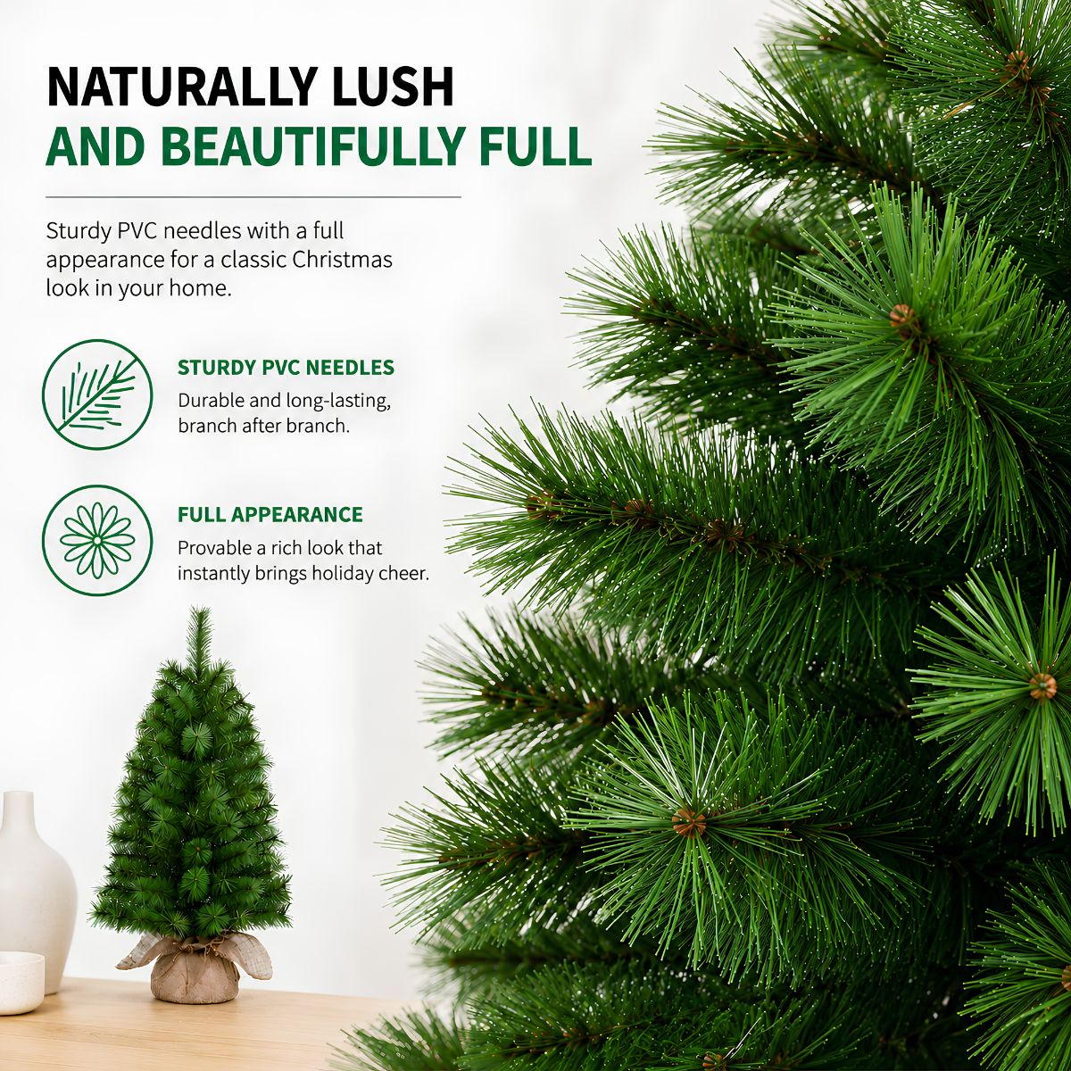 Promotional image for artificial Christmas trees with text and details on PVC needles.
