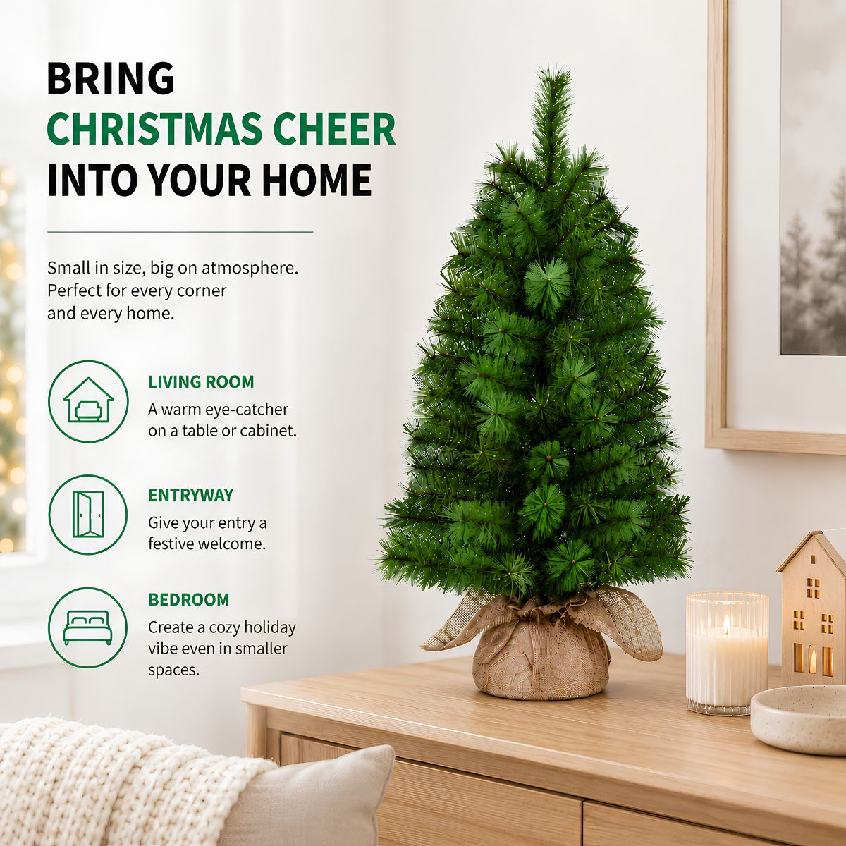 Small artificial Christmas tree on a wooden table with a candle and text.