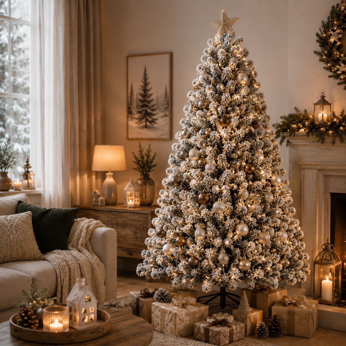 A decorated Christmas tree with lights and wrapped gifts in a cozy living room.