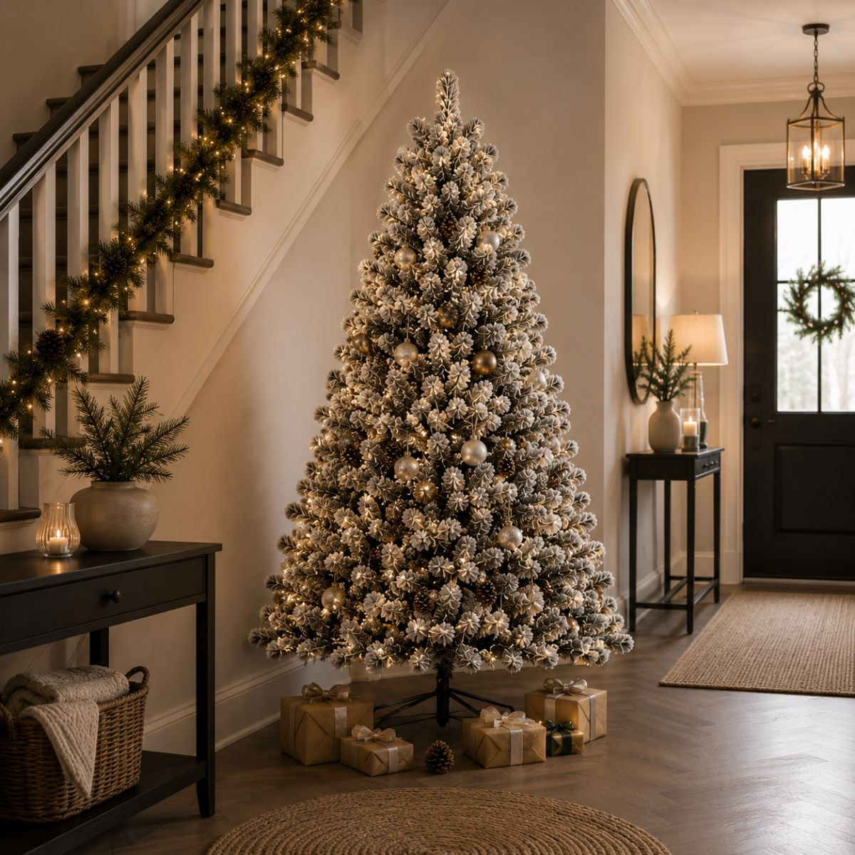 A decorated Christmas tree in a brightly lit hallway with wrapped gifts at its base and a staircase with garland.