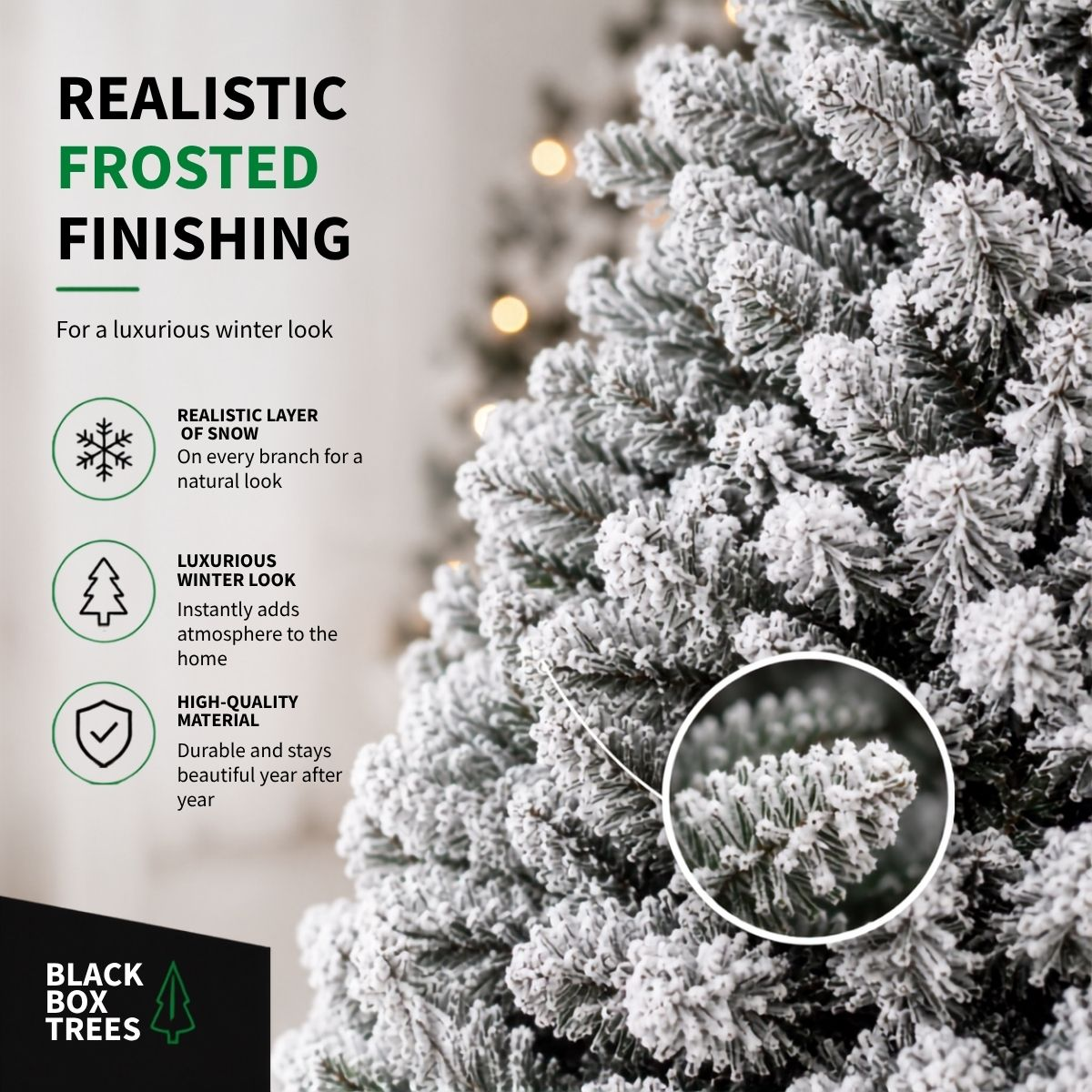 Close-up of a heavily frosted artificial Christmas tree with text features and icons on the left.