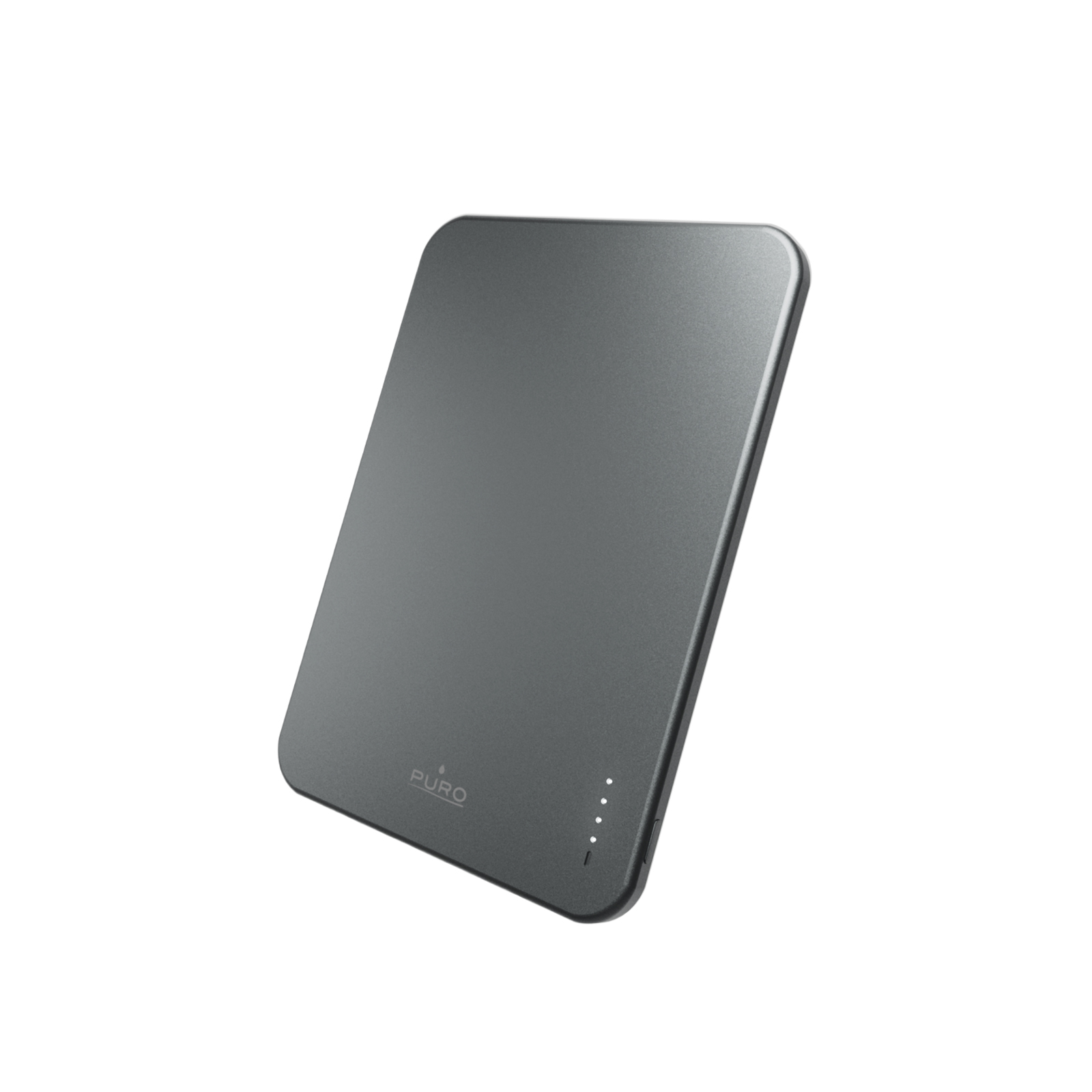 Un power bank portatile grigio con il logo PURO e piccoli LED di stato, isolato su sfondo bianco.