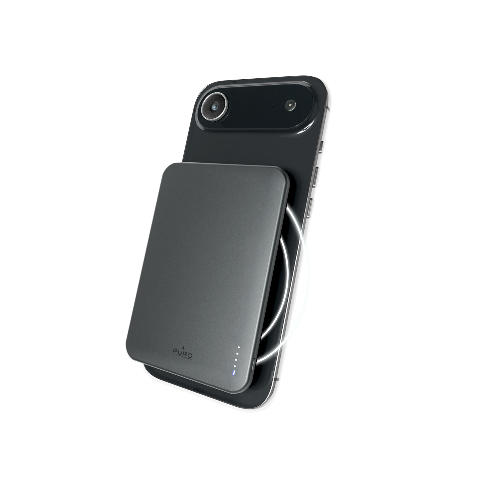 Un power bank nero si attacca magneticamente a uno smartphone, mostrando anelli di ricarica wireless.
