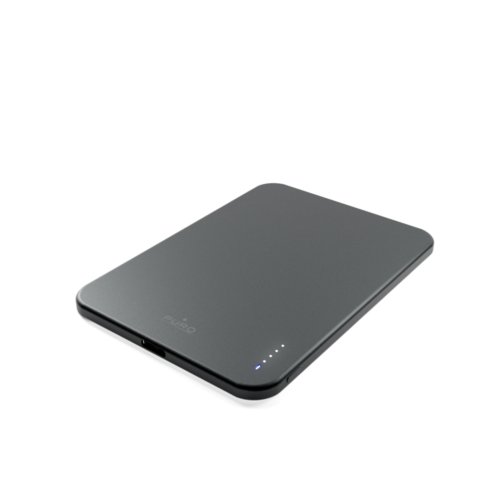 Power bank piatto nero con logo PURO e indicatori LED blu su sfondo bianco.