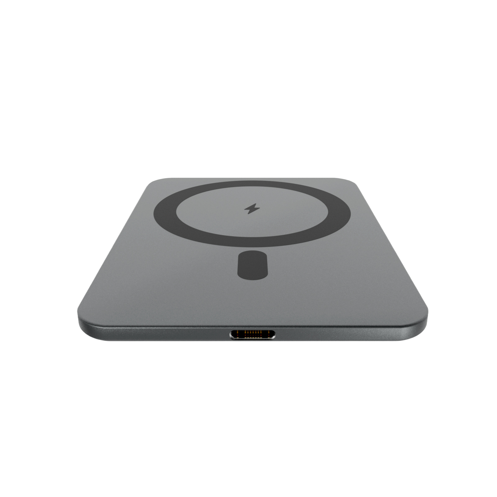 Caricabatterie MagSafe piatto grigio con angoli arrotondati e porta inferiore su sfondo bianco.