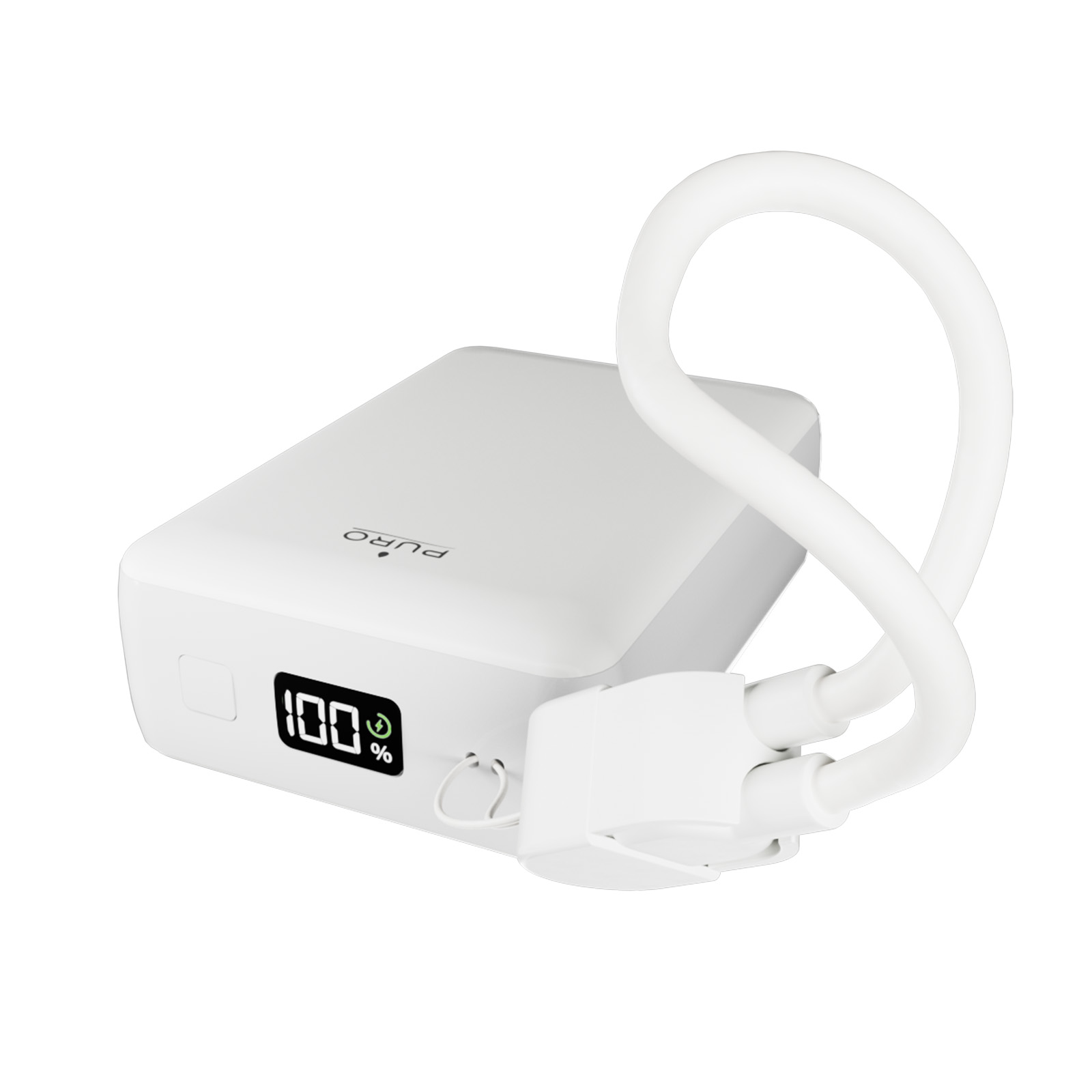Power bank bianco con display digitale al 100 percento e cavi curvi integrati su sfondo bianco.