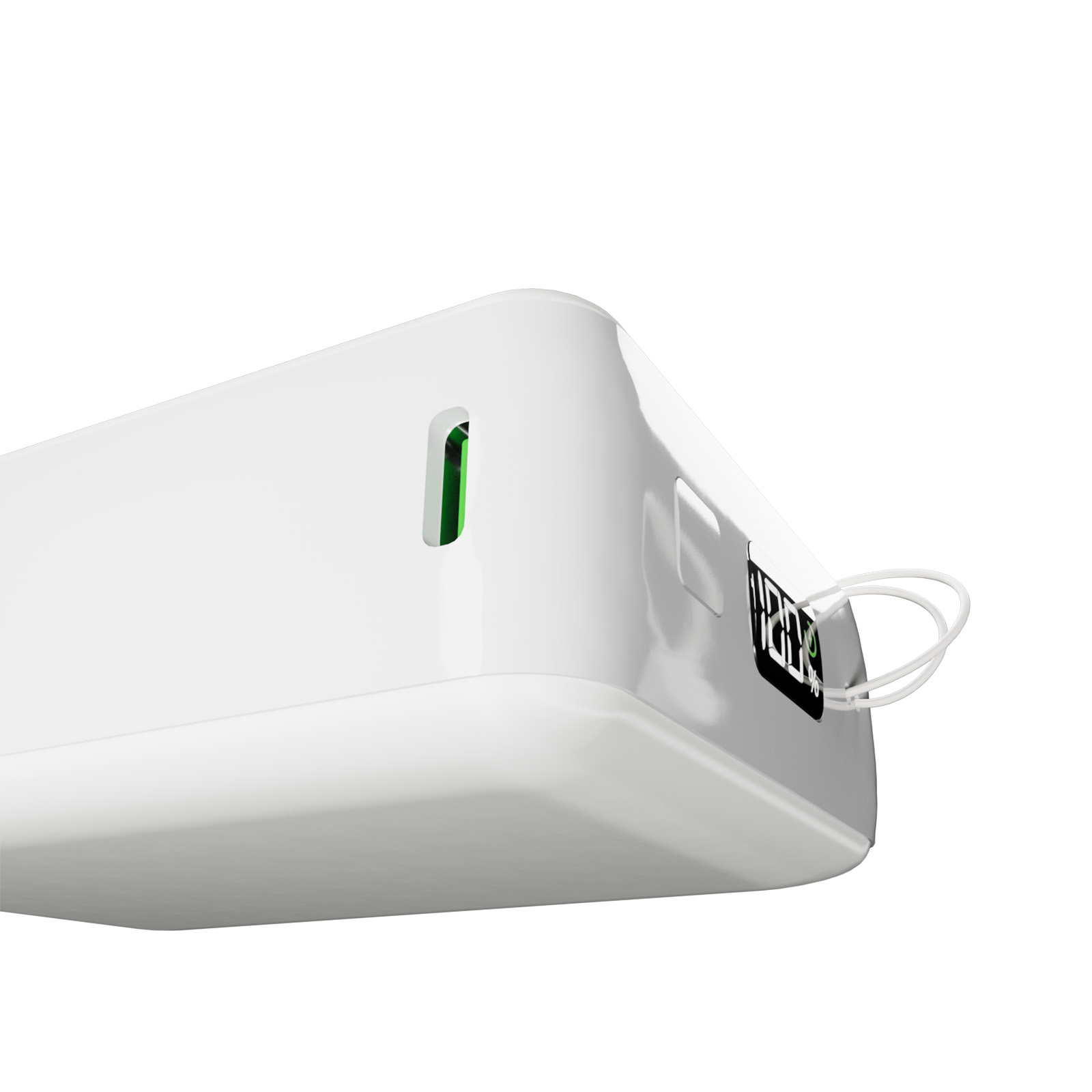 Alimentatore bianco lucido con porta USB verde, display digitale e piccolo cavo.