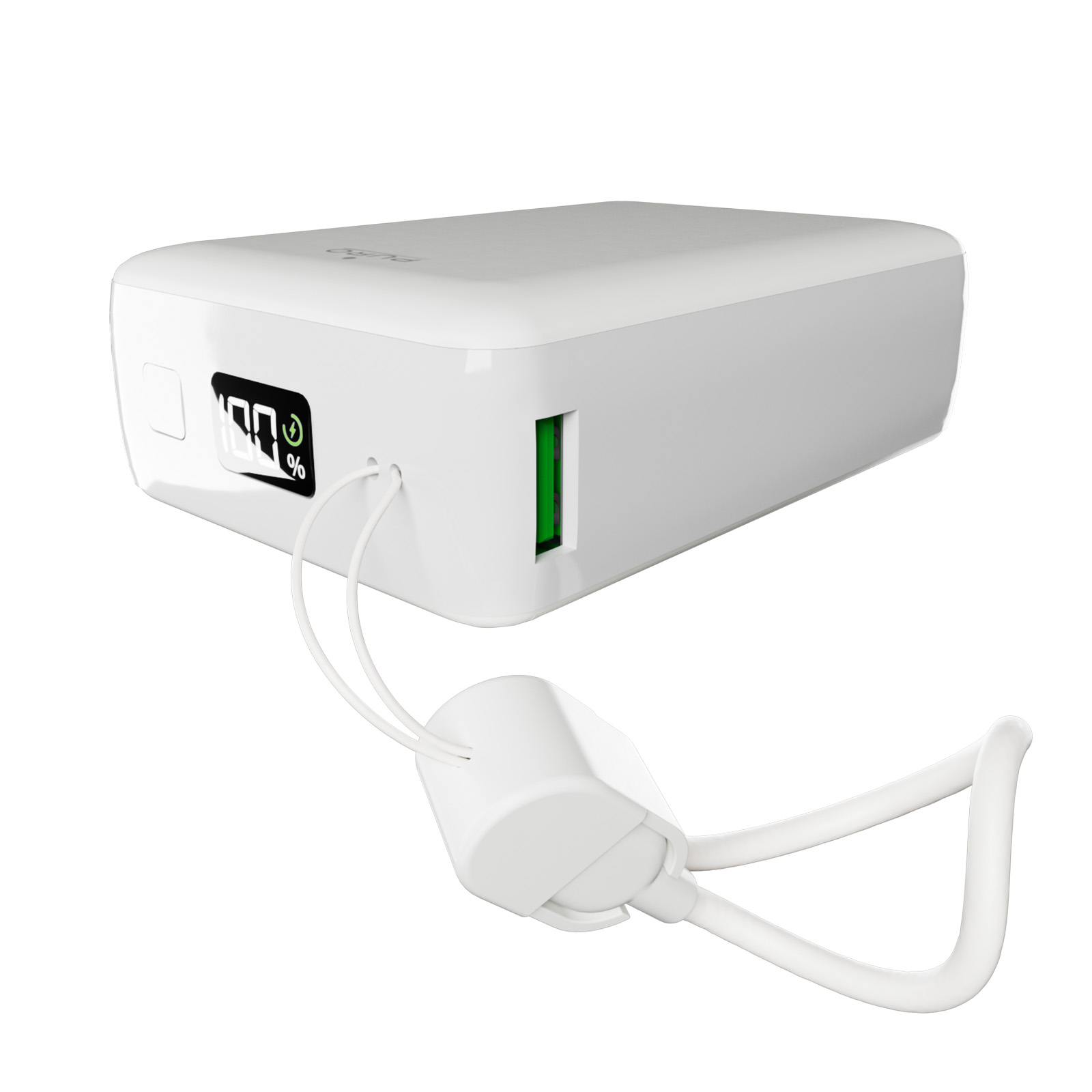 Un power bank bianco con display digitale, porta USB verde e un cinturino da polso attaccato su sfondo bianco.