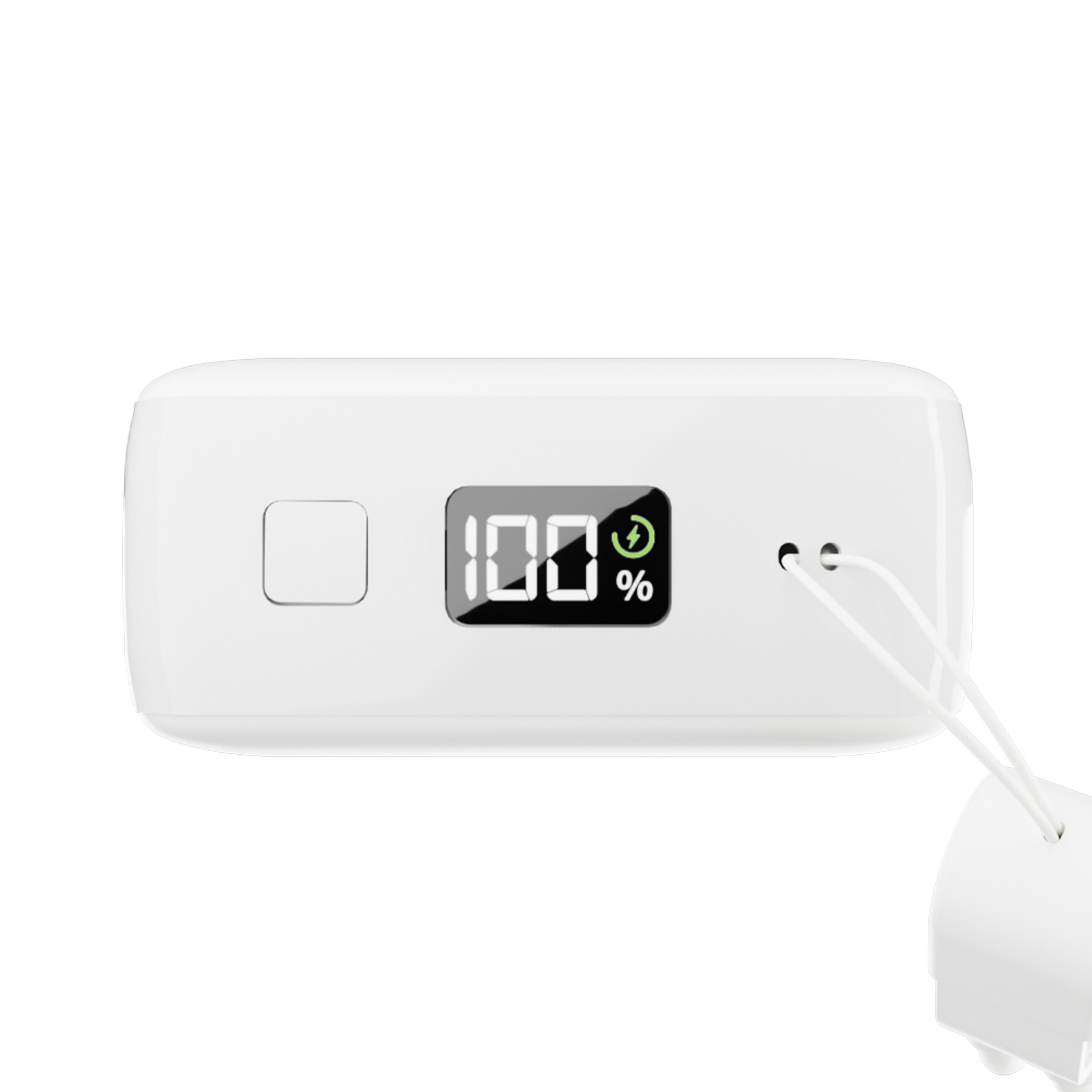 Una power bank bianca con display digitale mostra 100% di batteria e un'icona verde.