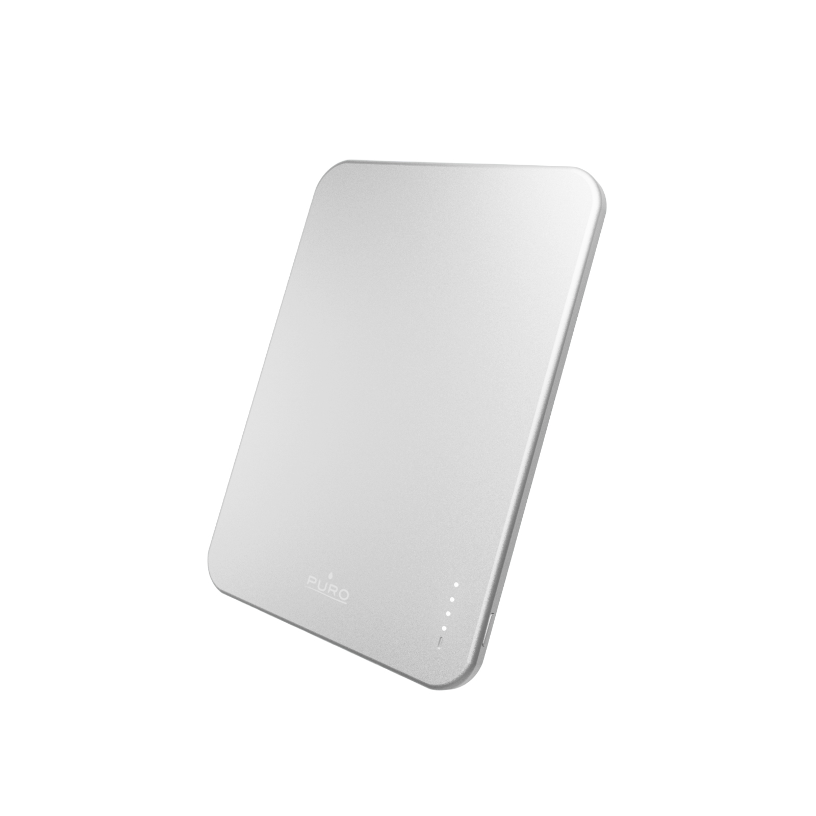 Un power bank PURO argento e sottile con indicatore LED su sfondo bianco.