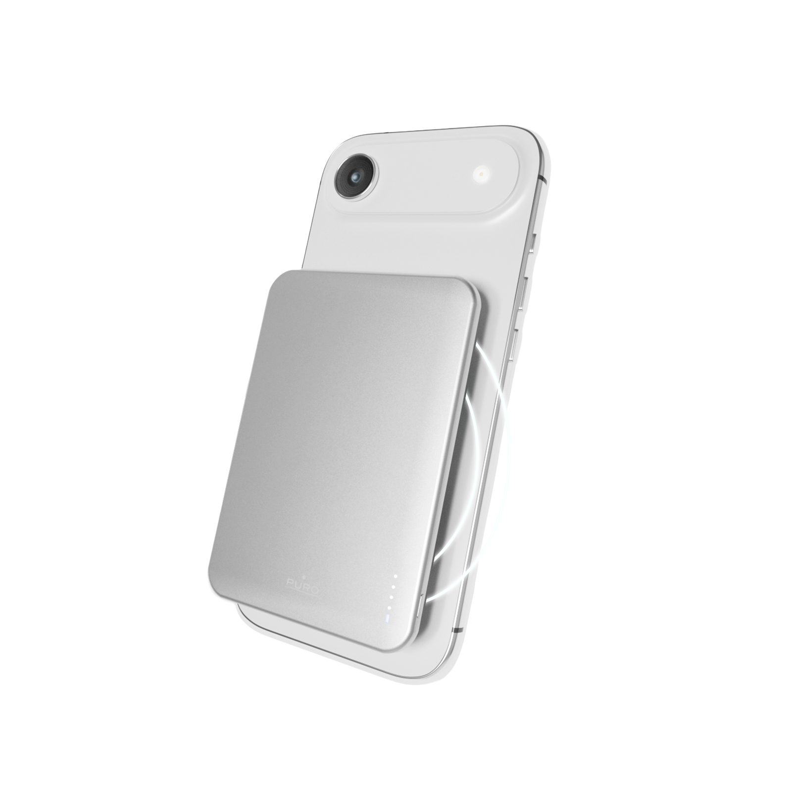Un power bank grigio è attaccato magneticamente al retro di uno smartphone bianco.