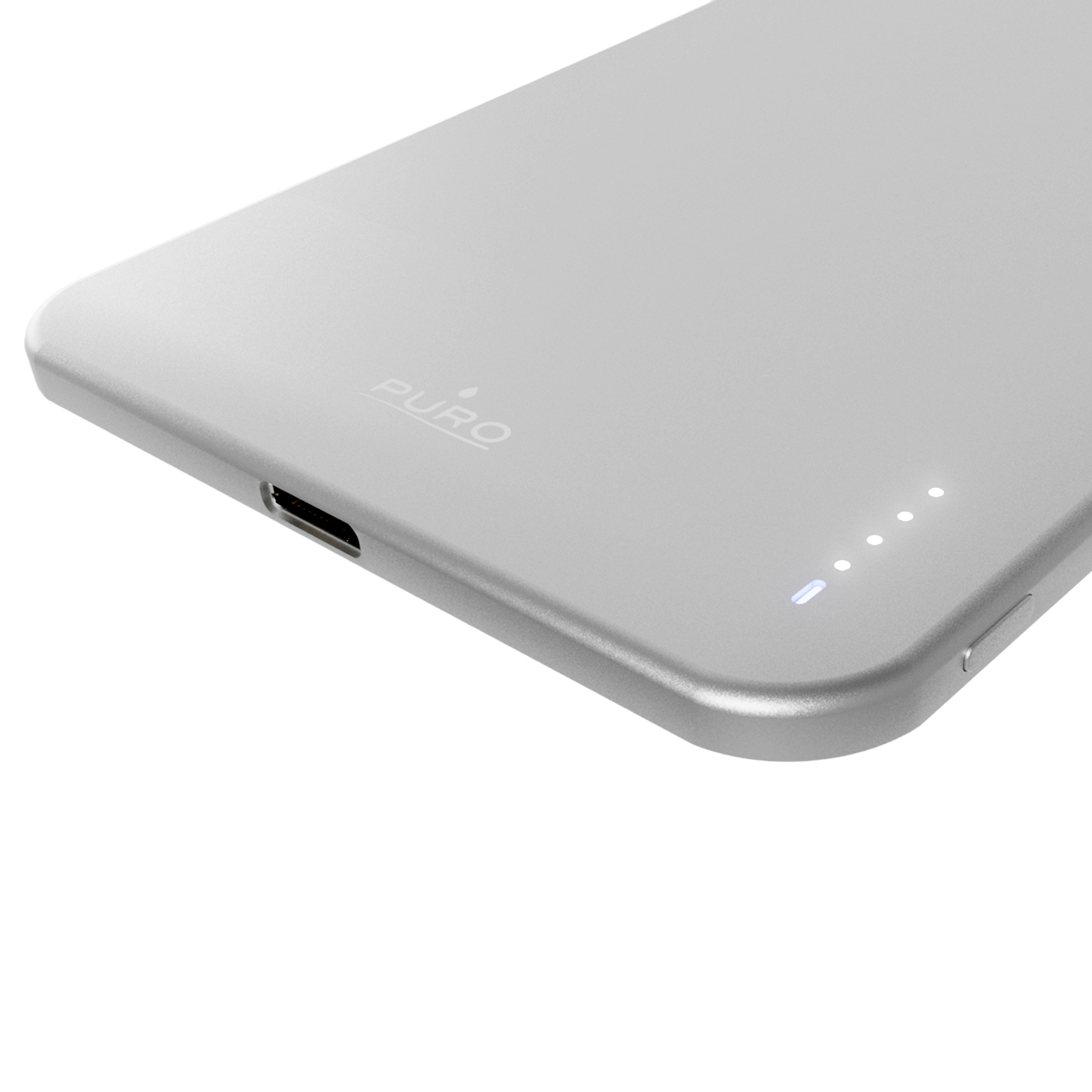 Un power bank argentato con il logo Puro, una porta di carica e cinque LED di stato luminosi.