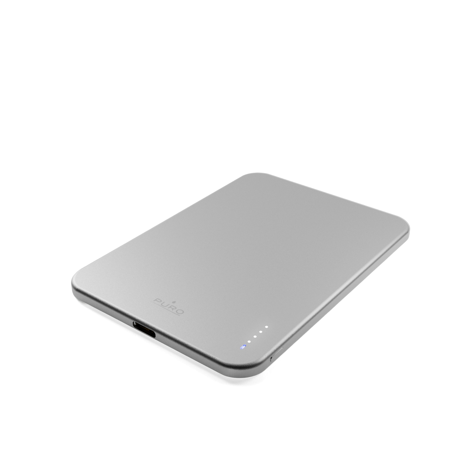 Un power bank argento elegante con angoli arrotondati e logo Puro su sfondo bianco.