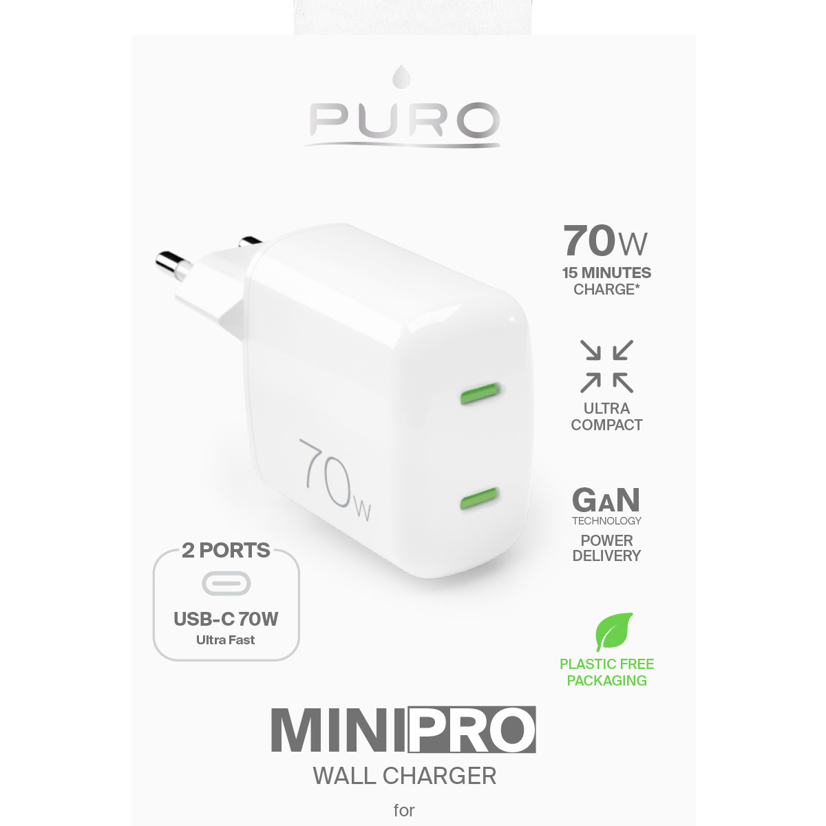 Caricatore da muro USB-C bianco Puro MiniPro da 70W con due porte sulla confezione.