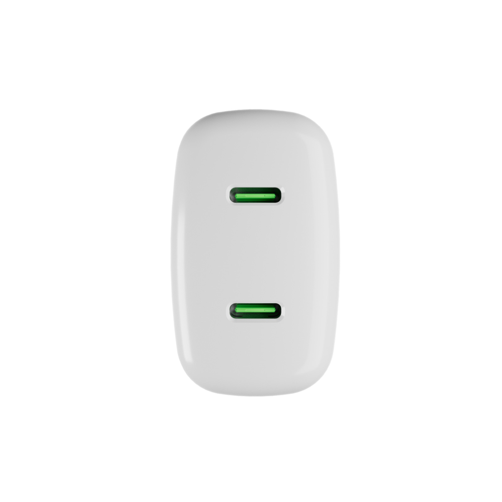 Un caricabatterie USB-C bianco con due porte verdi su sfondo bianco.