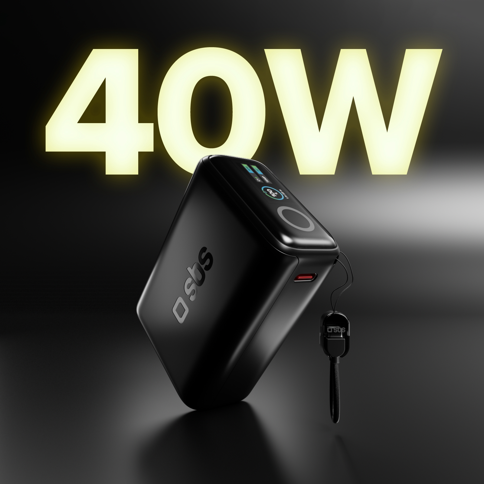 Un power bank nero con display su sfondo scuro davanti alla scritta luminosa 40W.