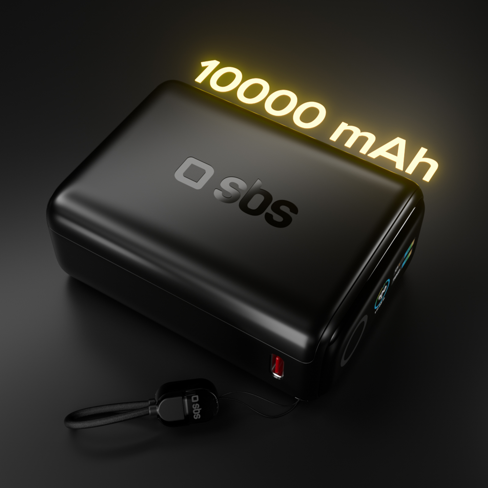 Un power bank SBS nero con testo luminoso 10000 mAh su sfondo scuro.