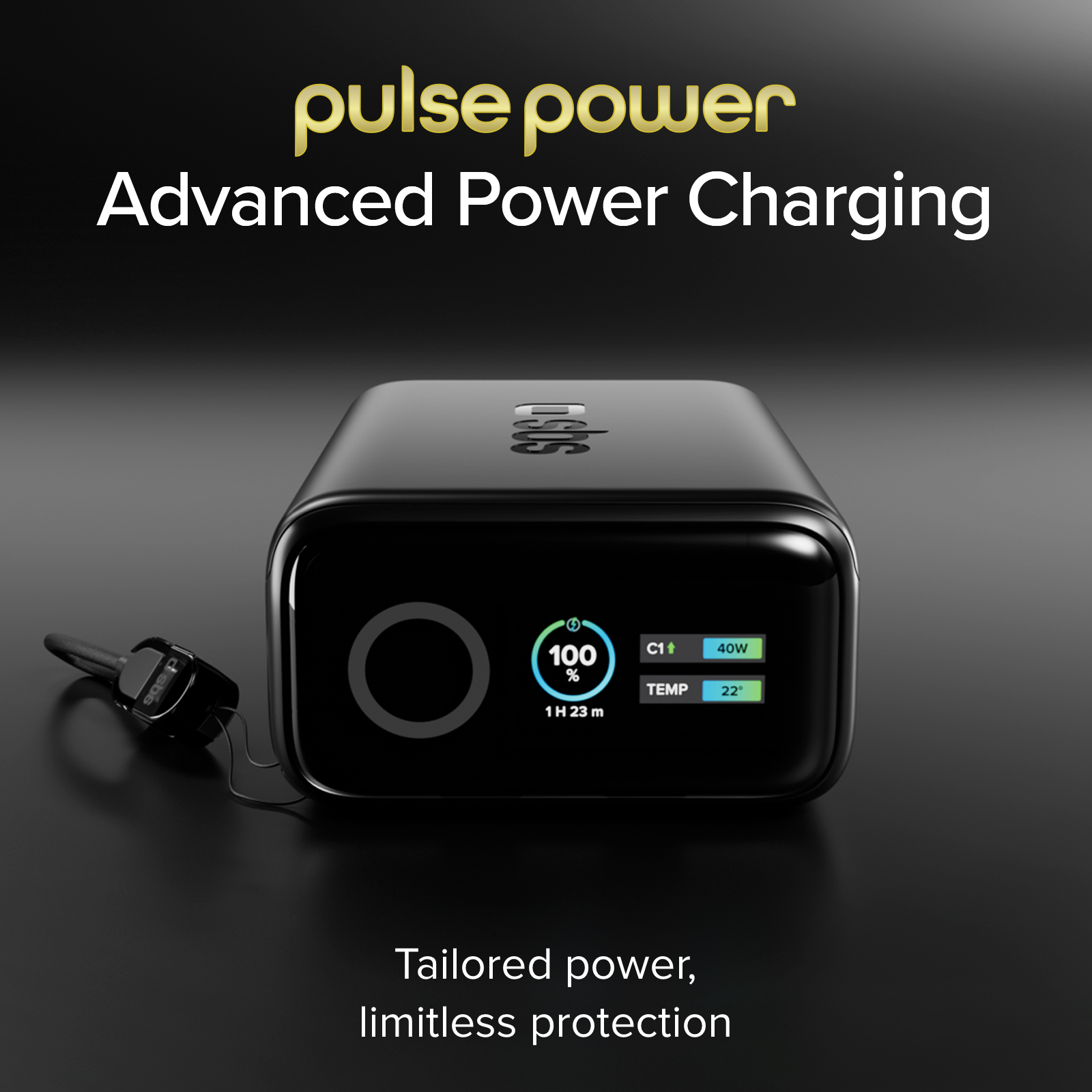 Un caricatore Pulse Power nero con display digitale su una superficie scura.