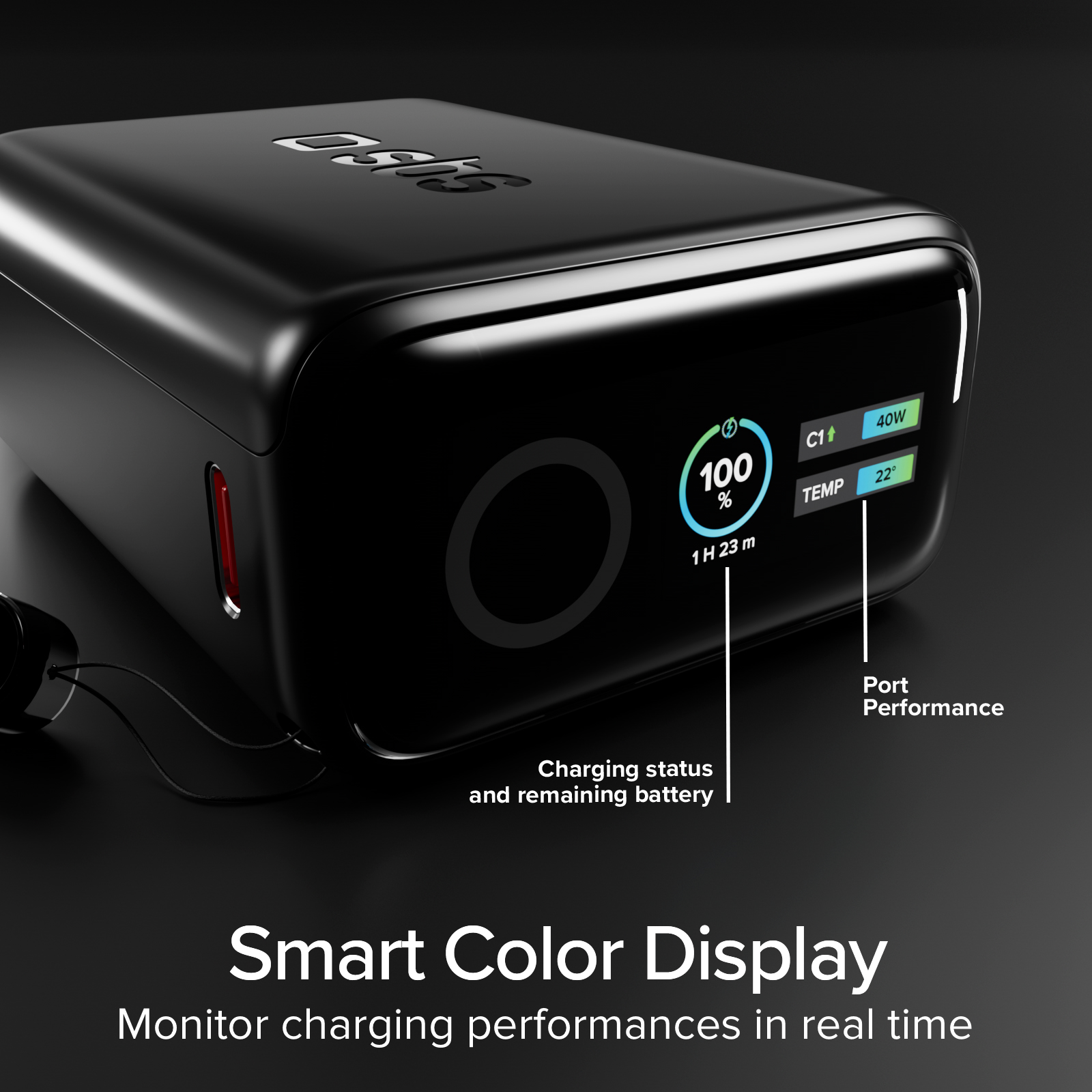 Power bank nera con display a colori per monitorare lo stato di carica e le prestazioni.