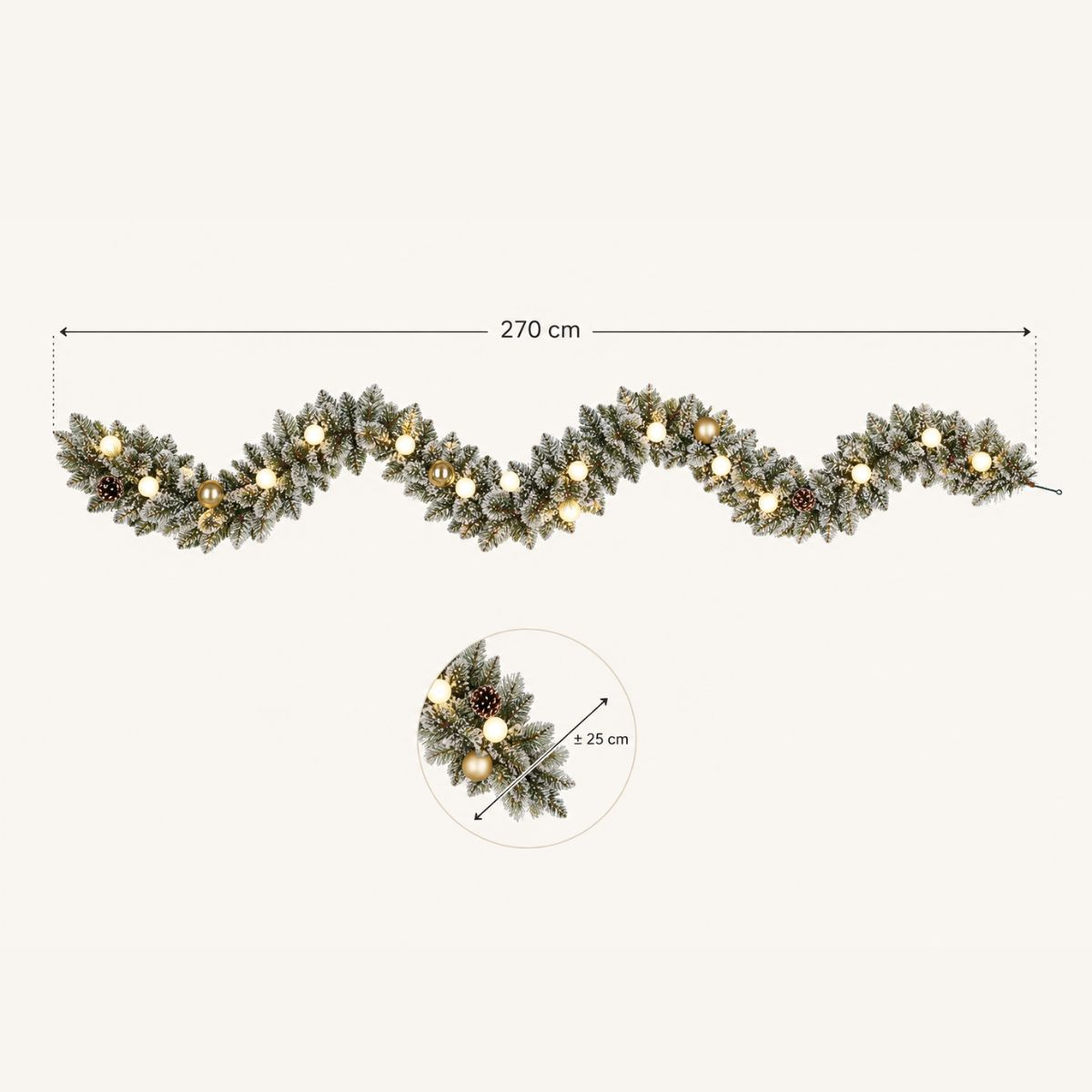 Eine 270 cm lange, künstliche Weihnachtsgirlande mit Lichtern, Zapfen und Kugeln. Durchmesser ca. 25 cm.