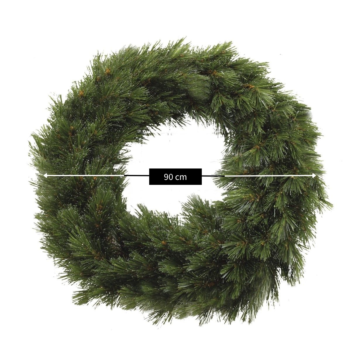 A lush green artificial pine wreath measuring 90 cm in diameter on a white background.