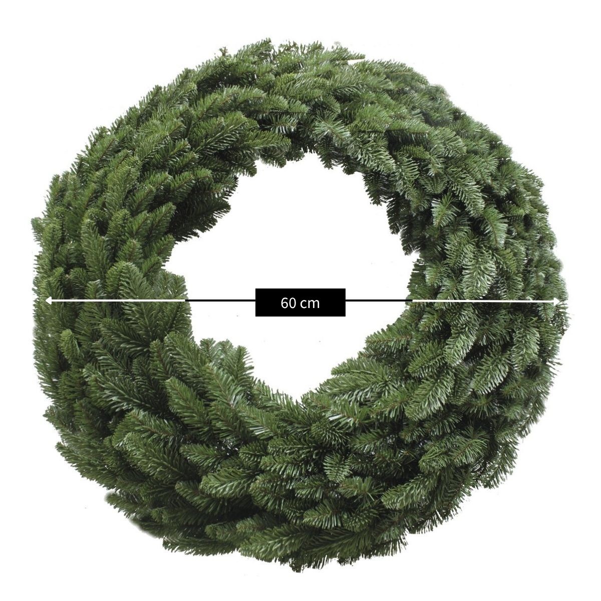 Green pine wreath with a 60 cm diameter on a white background.