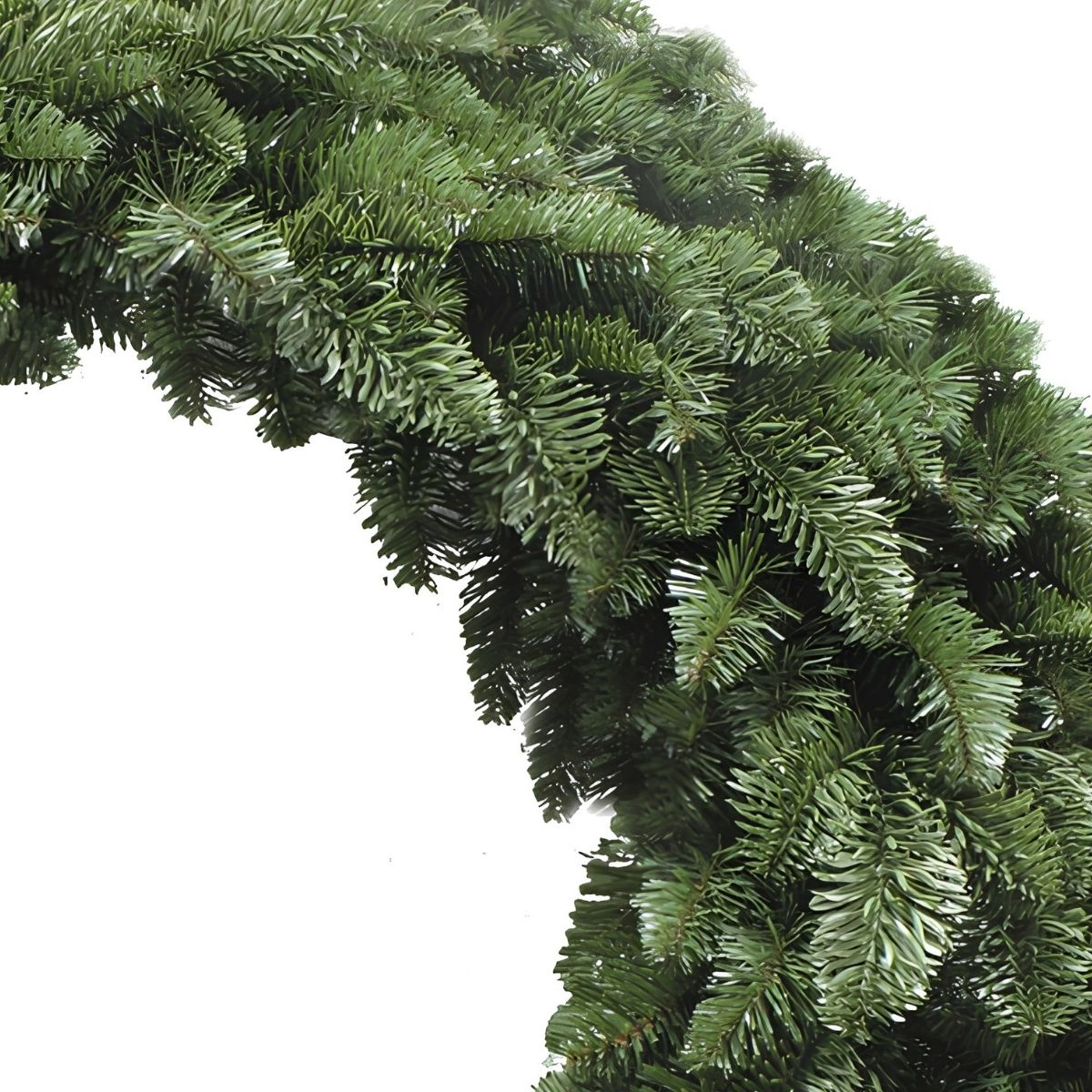 A green fir garland is arranged in an arch against a white background.
