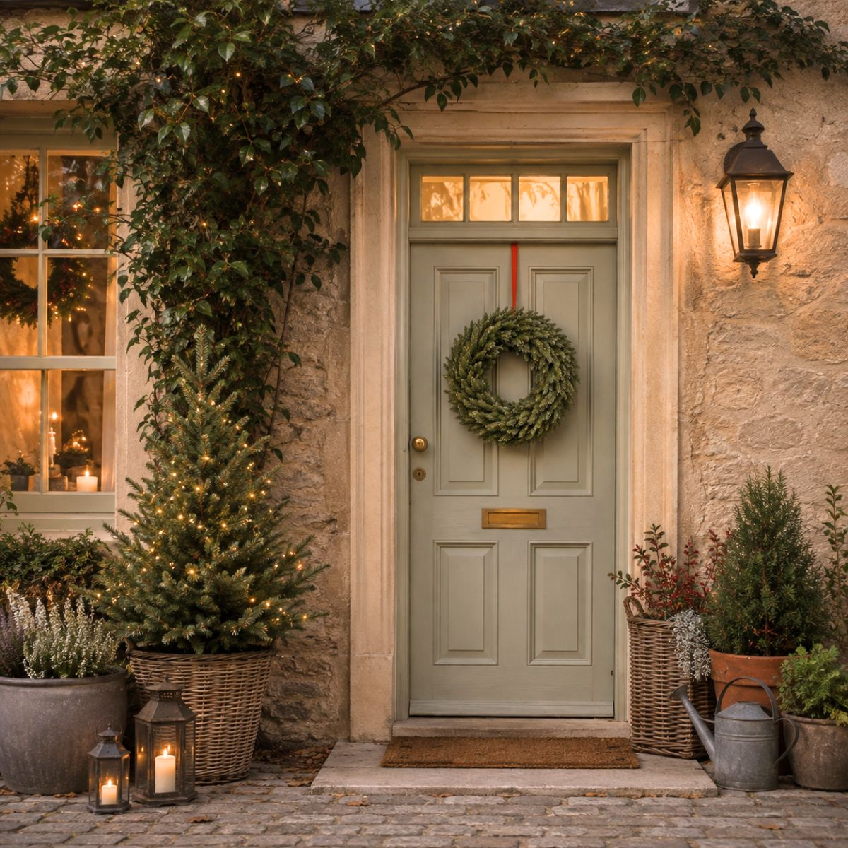 A festive green door with a wreath, lit Christmas tree, lanterns, and potted plants on a stone cobblestone porch.