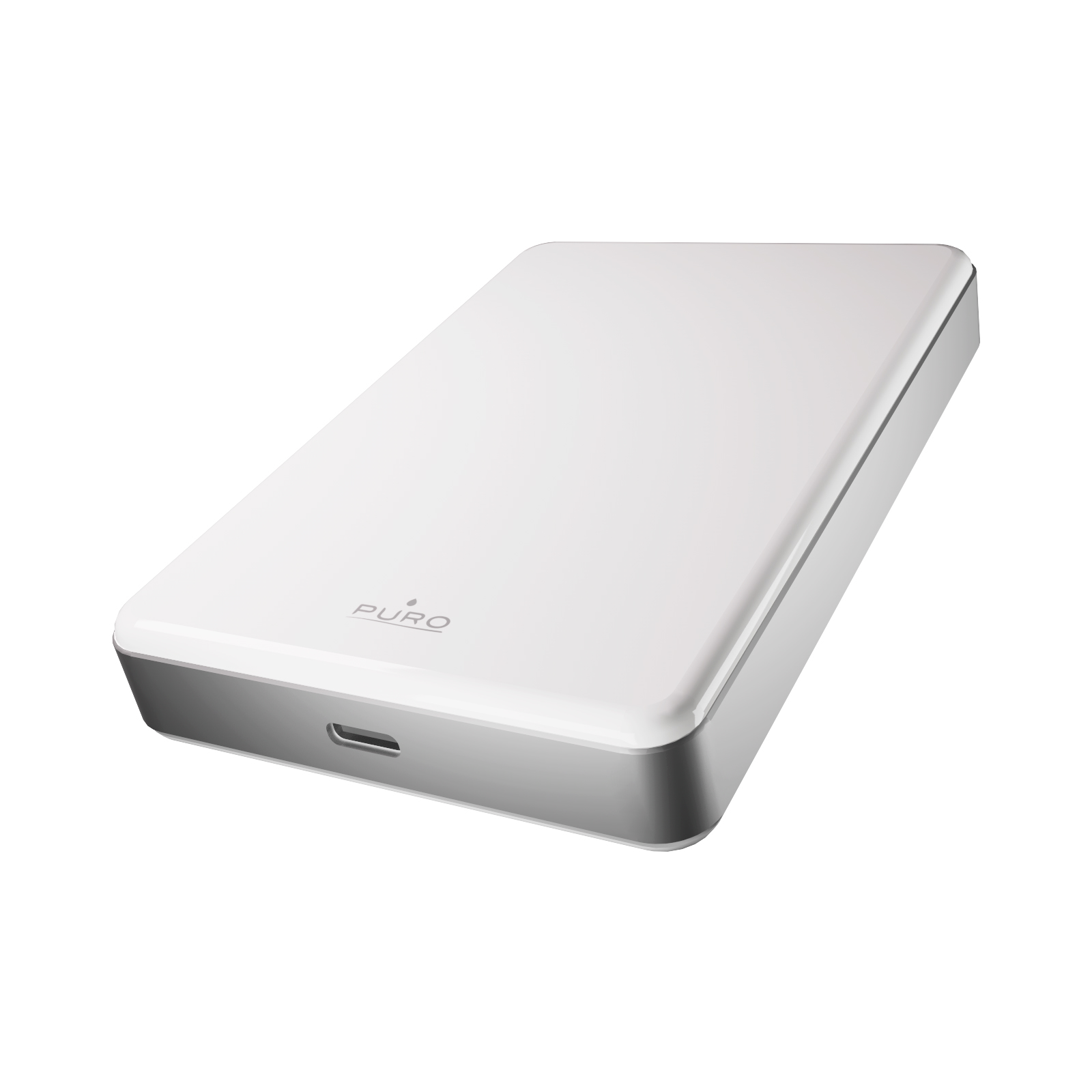 Un power bank Puro bianco e argento su sfondo bianco, con una porta USB-C visibile sul bordo anteriore.