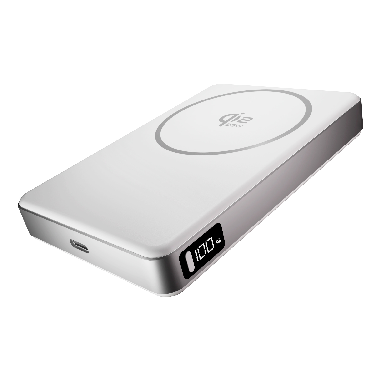 Power bank bianco con logo Qi2, display digitale al 100% e porta USB-C.