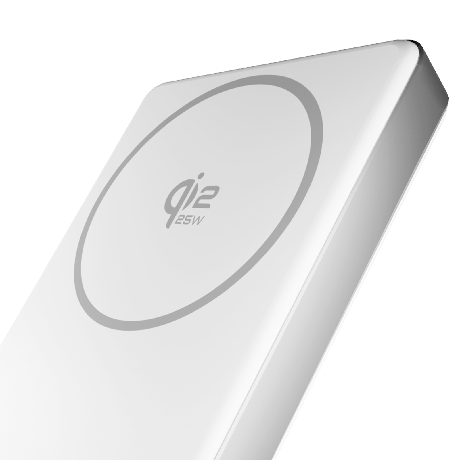 Un caricatore wireless bianco con pad circolare e logo Qi2 25W su sfondo bianco.