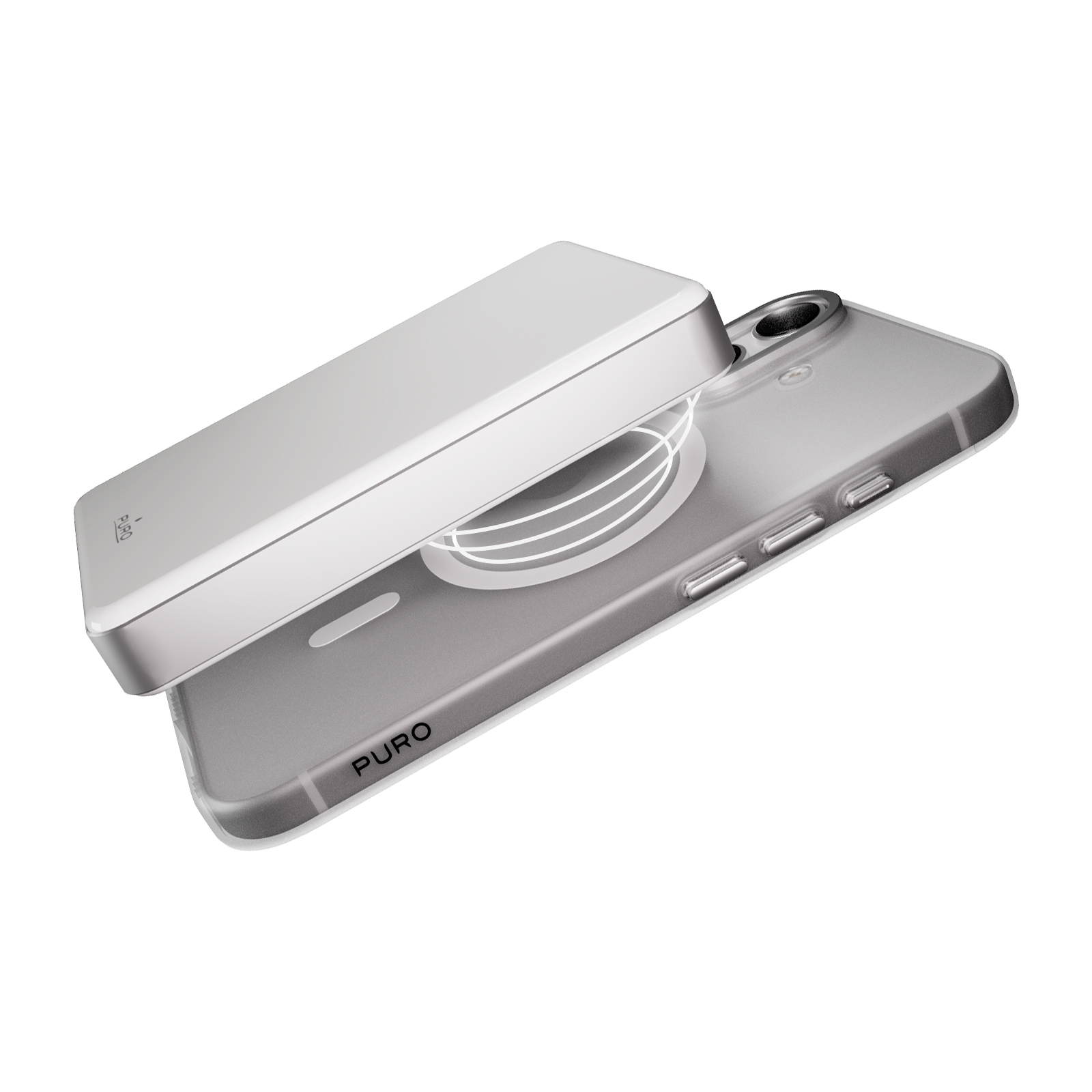 Una power bank fluttua sopra una cover per telefono grigia Puro con anelli di ricarica.
