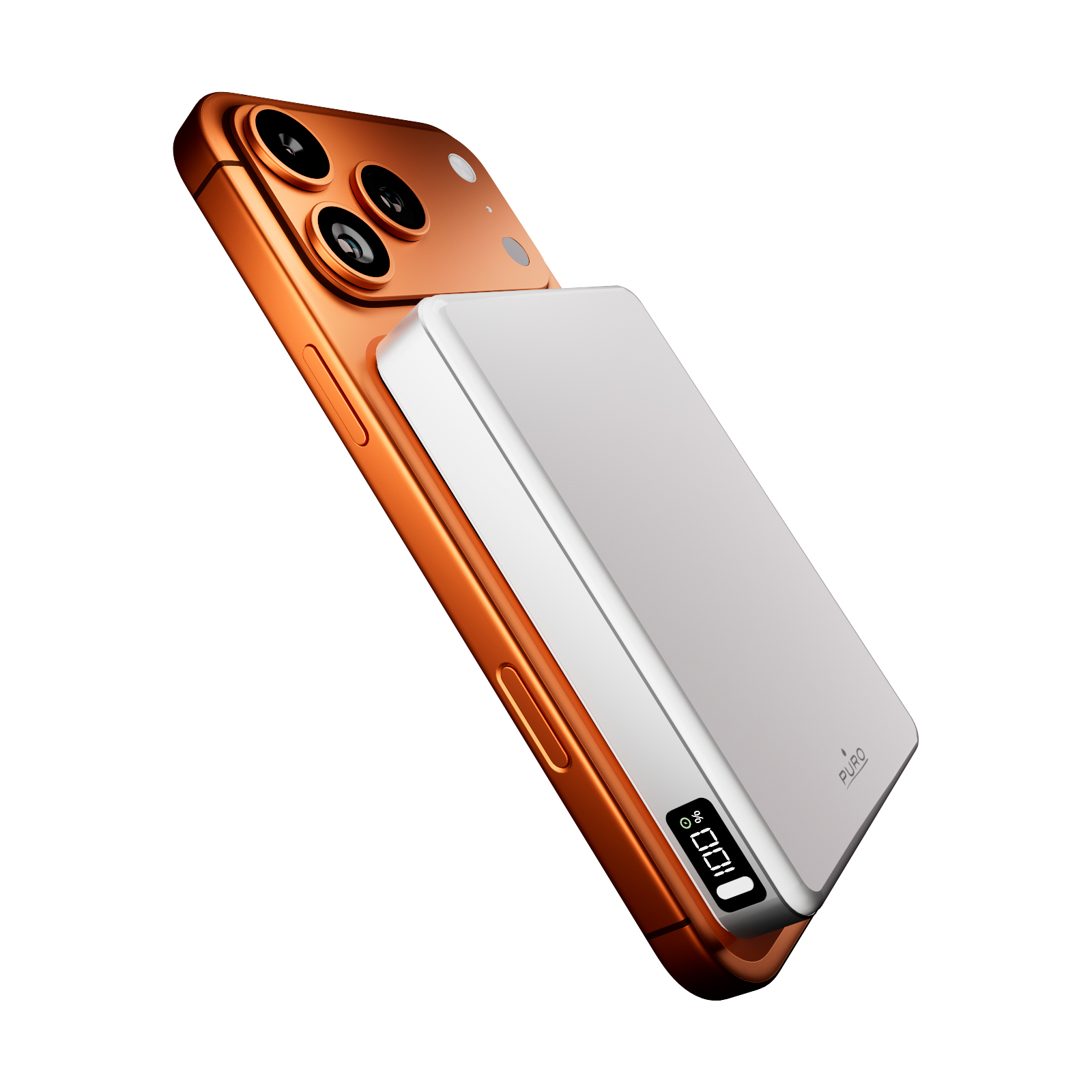 Uno smartphone arancione con una power bank magnetica bianca sul retro che mostra il 100%.