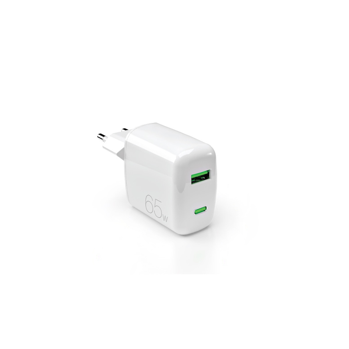 Un cargador de pared blanco de 65W con un puerto USB-A y uno USB-C, con detalles en verde.