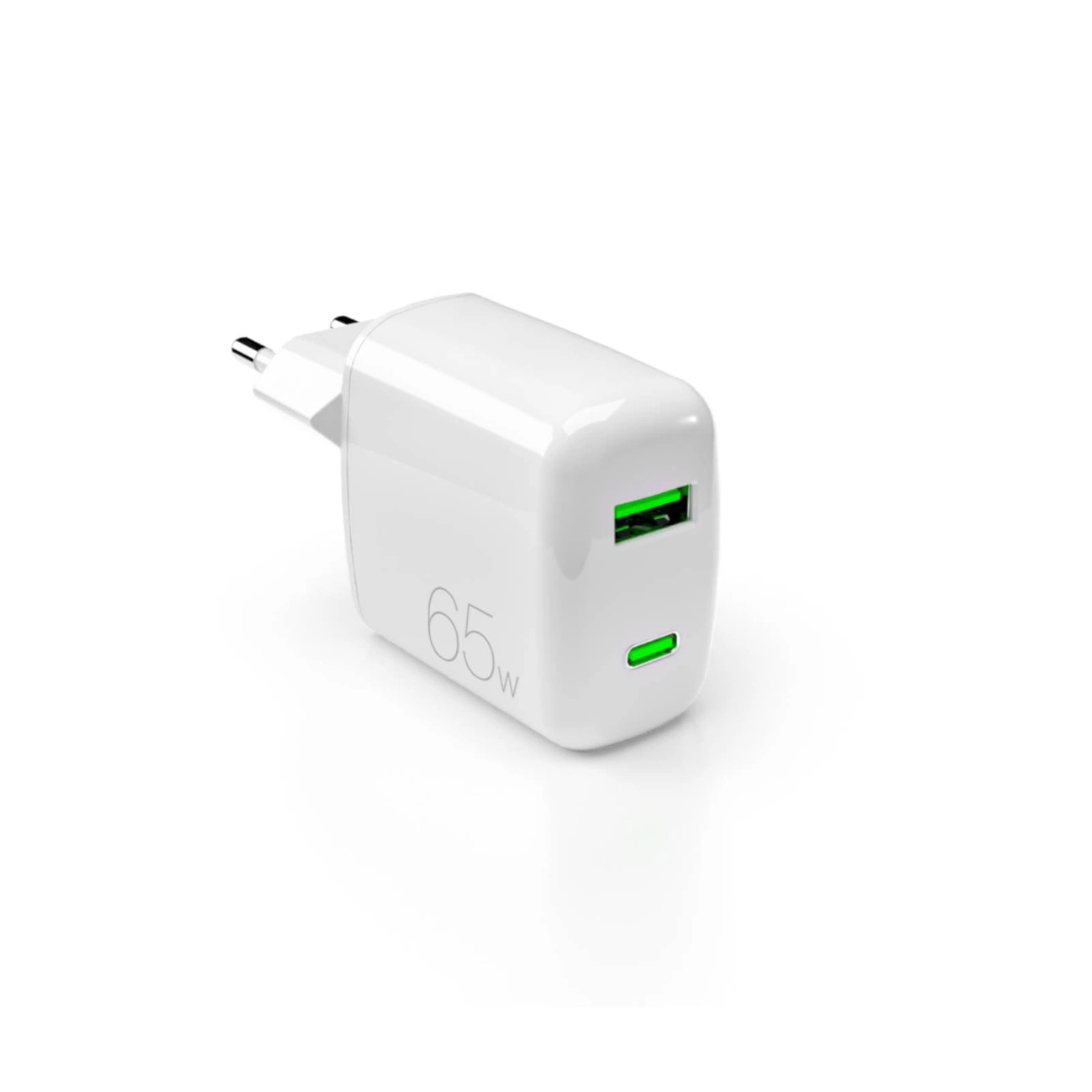 Un cargador de pared USB blanco de 65W con un puerto USB-A y un USB-C.