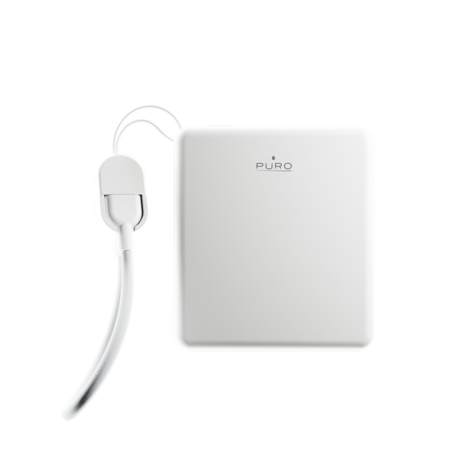Un power bank quadrato bianco PURO con cinturino e cavo attaccati, isolato su sfondo bianco.