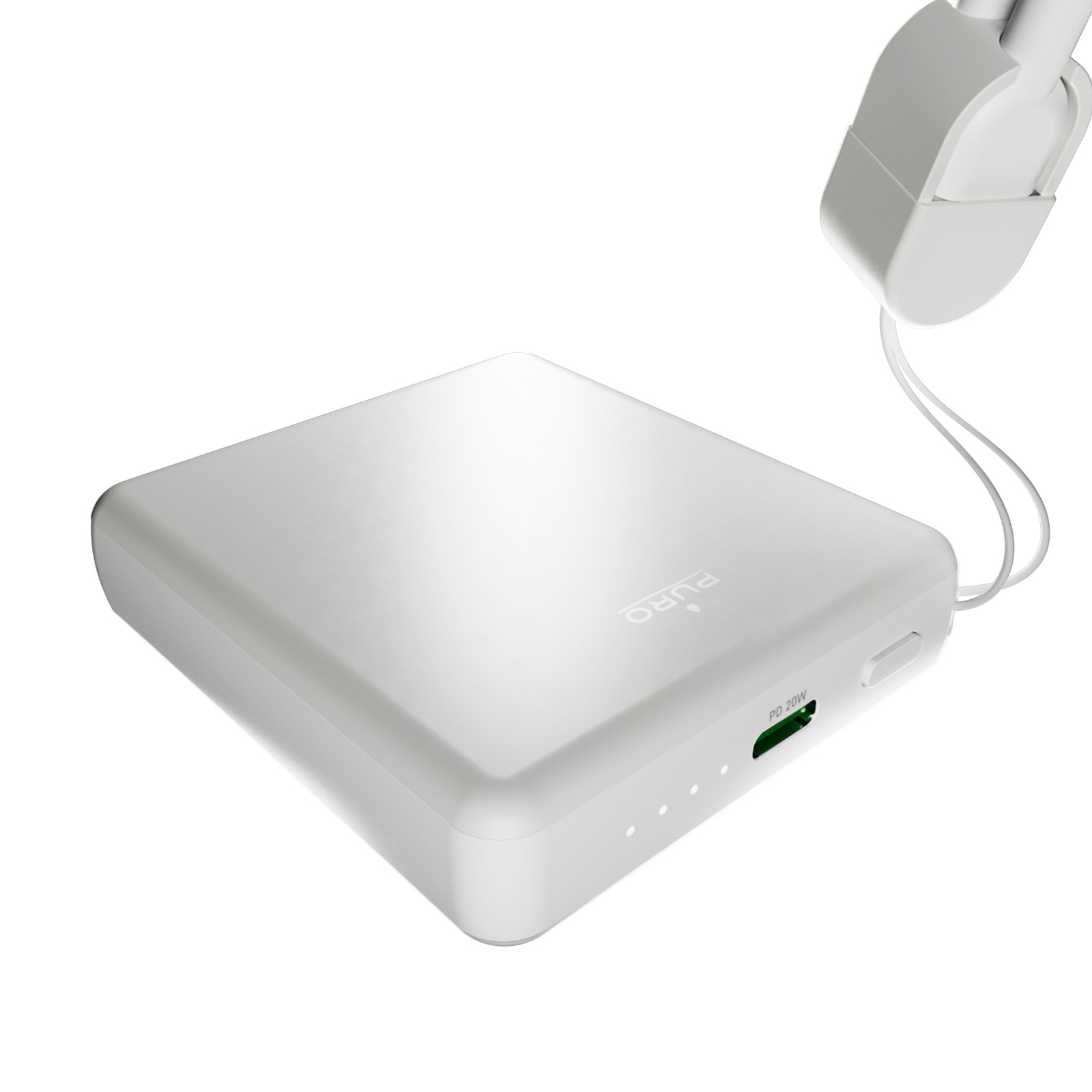 Un power bank portatile bianco con porta USB-C, spie luminose e cordino su sfondo bianco.