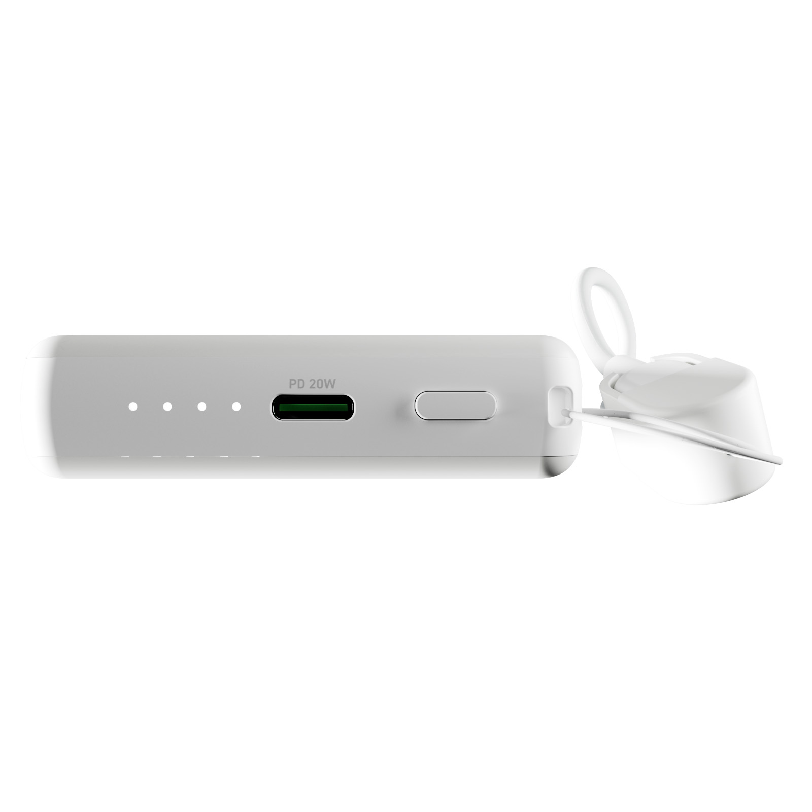 Power bank bianco con quattro spie, porta USB-C PD 20W, pulsante di accensione e laccetto su sfondo bianco.