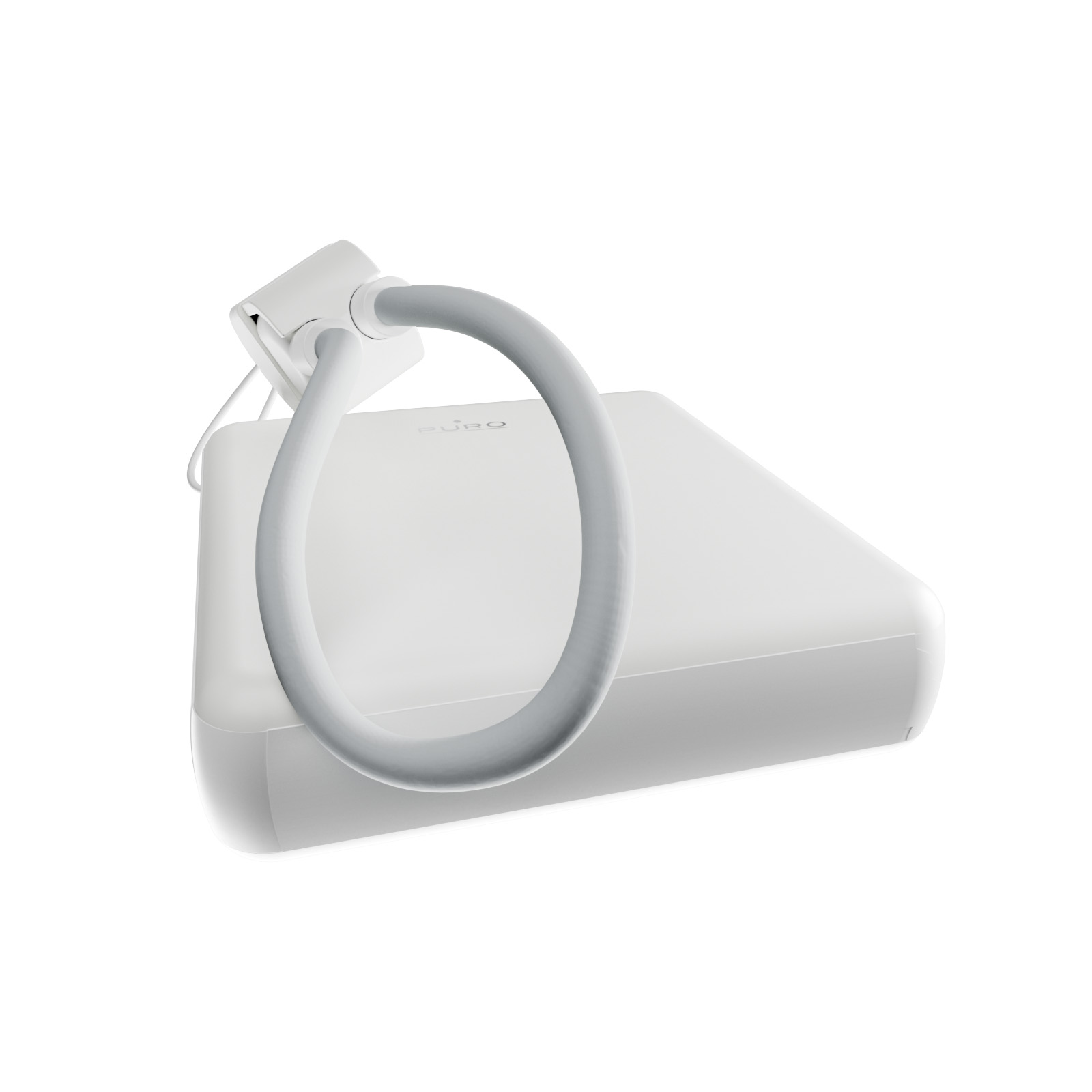 Un dispositivo quadrato bianco con un tubo flessibile grigio curvo attaccato su sfondo bianco.