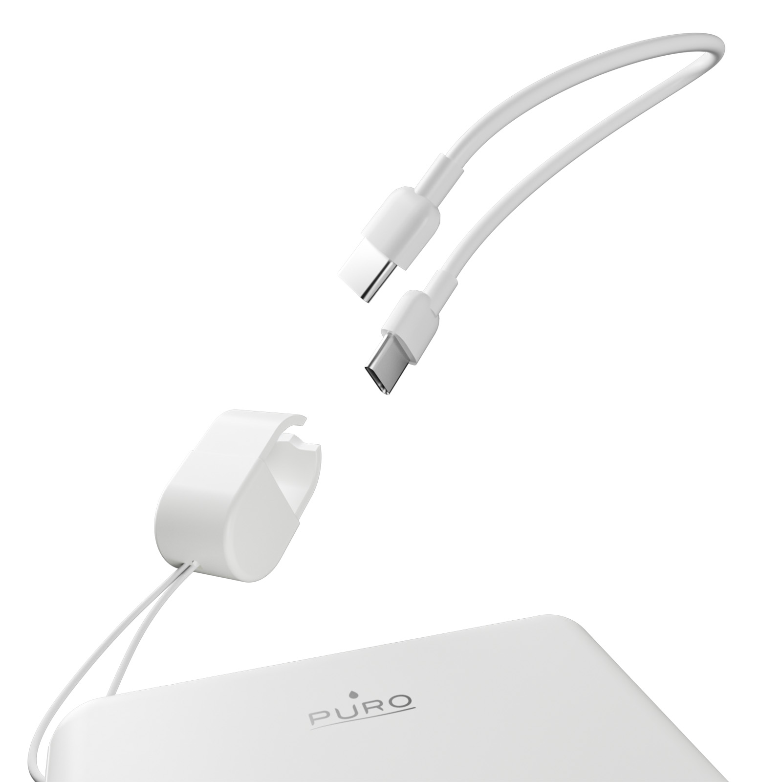 Power bank bianco Puro con cavo bianco collegato e piccolo supporto su sfondo bianco pulito.