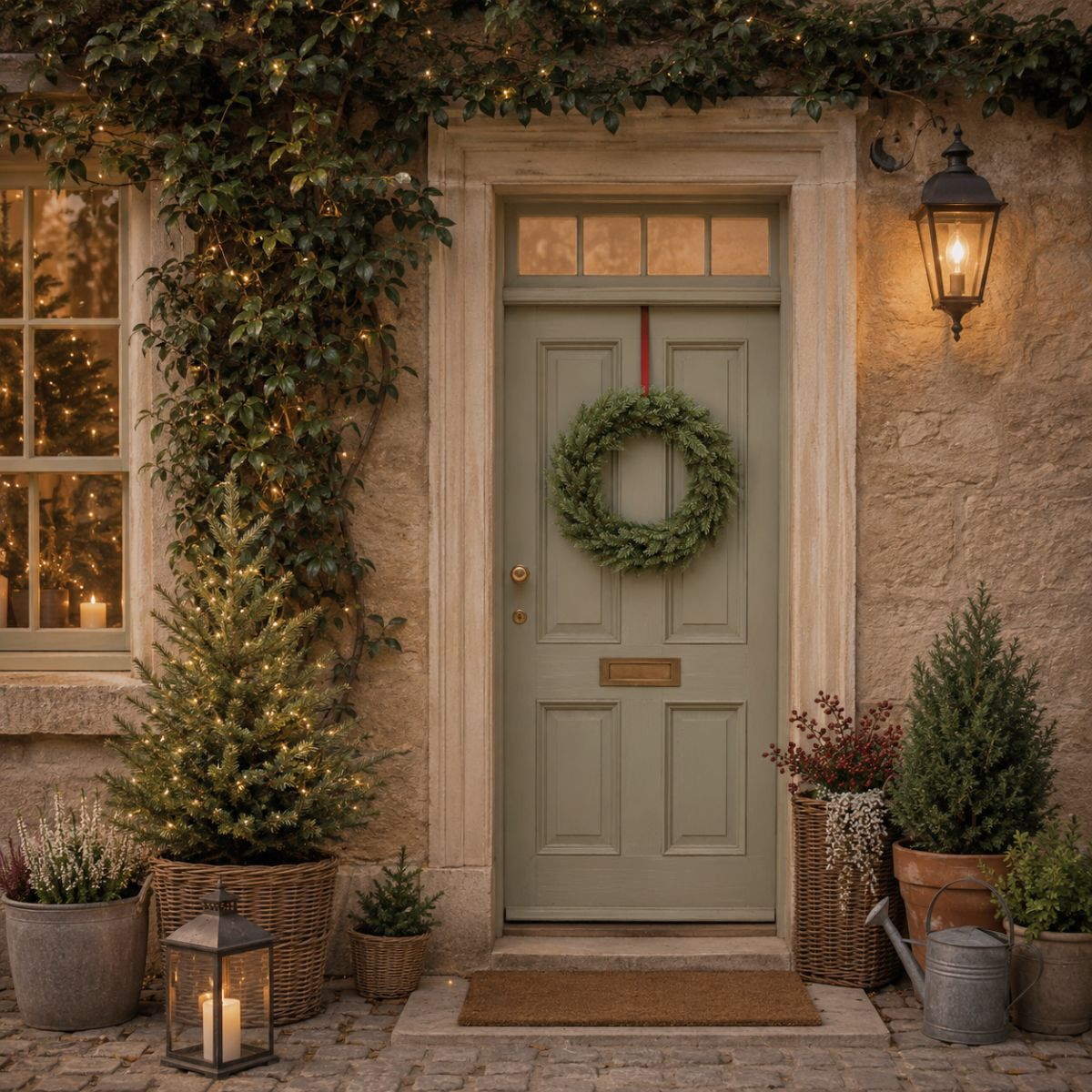 Une porte d'entrée verte avec une couronne et des lumières de Noël, entourée de petits sapins et de lanternes.