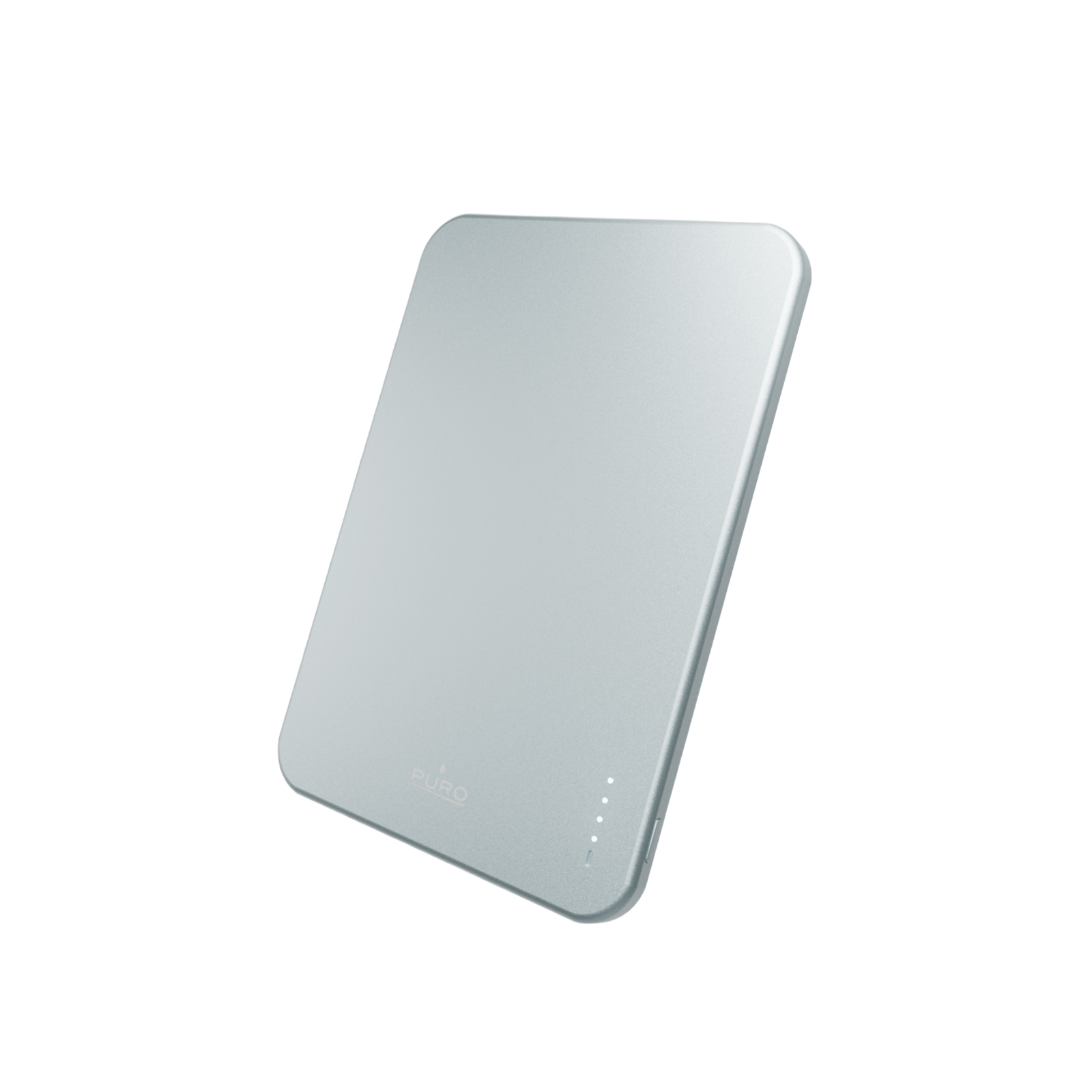Un elegante power bank argentato con angoli arrotondati e quattro piccole spie LED su sfondo bianco.