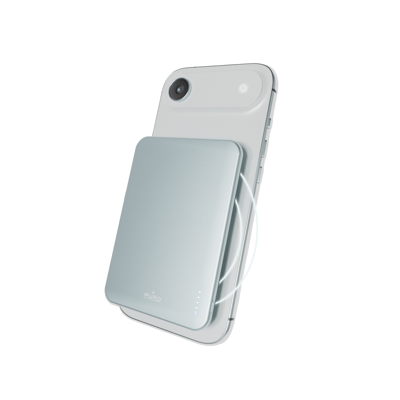 Un power bank magnetico azzurro è attaccato sul retro di uno smartphone bianco.